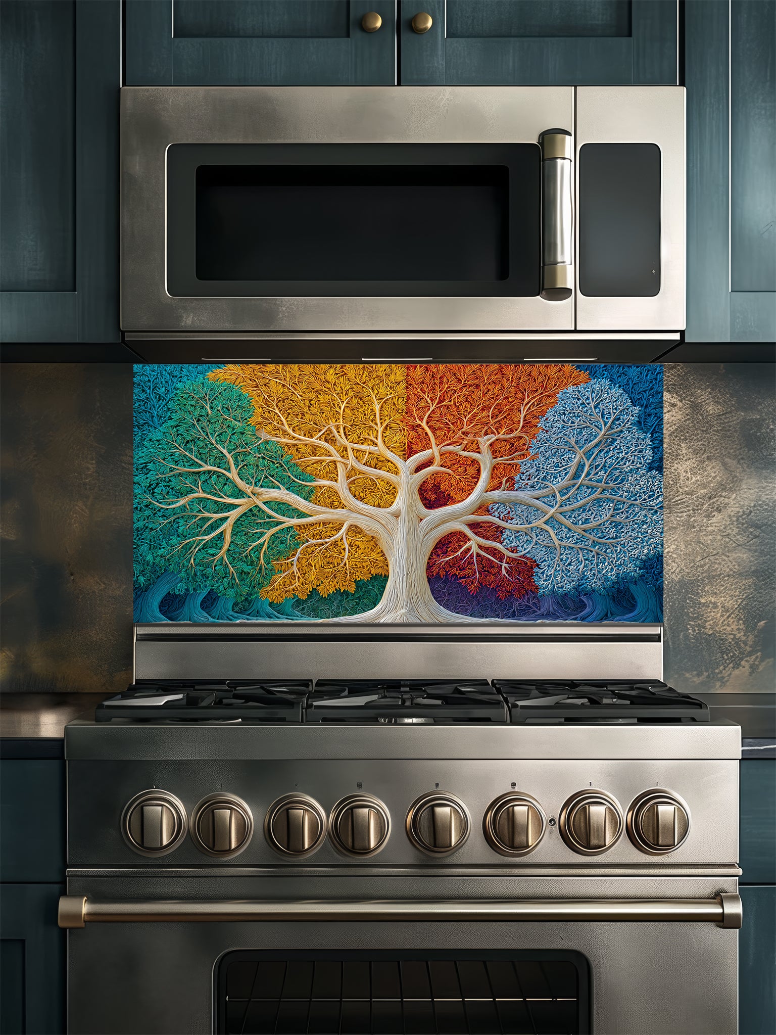 Faux 3D relief art of a Tree of Life with intricately textured leaves divided into four vibrant colors representing the four seasons, UV printed on a smooth tempered glass kitchen backsplash.