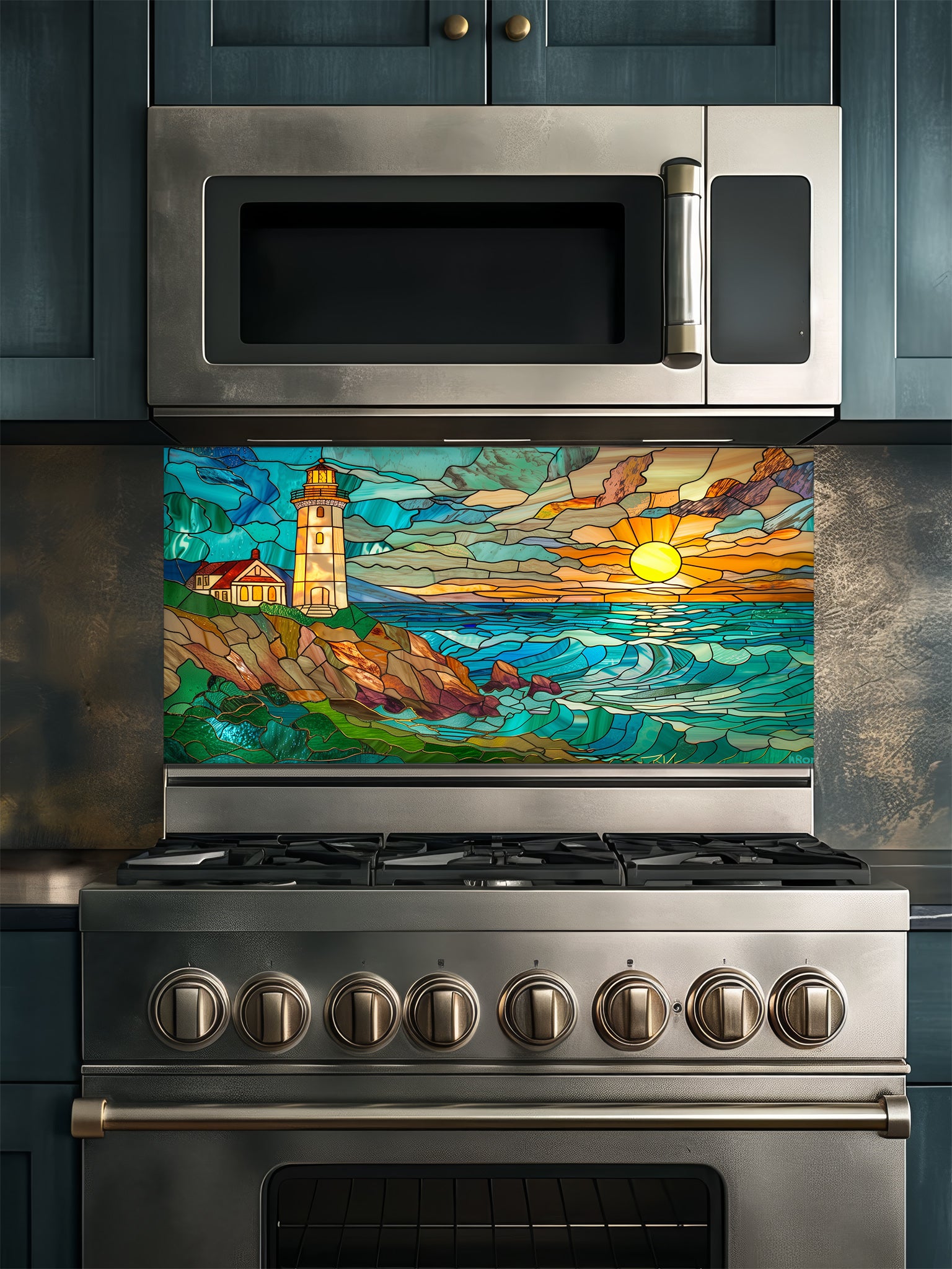 Stained glass style coastal landscape with a lighthouse on a rocky cliff and a vibrant ocean sunset, UV printed on a smooth tempered glass kitchen backsplash, installed behind a modern stove.