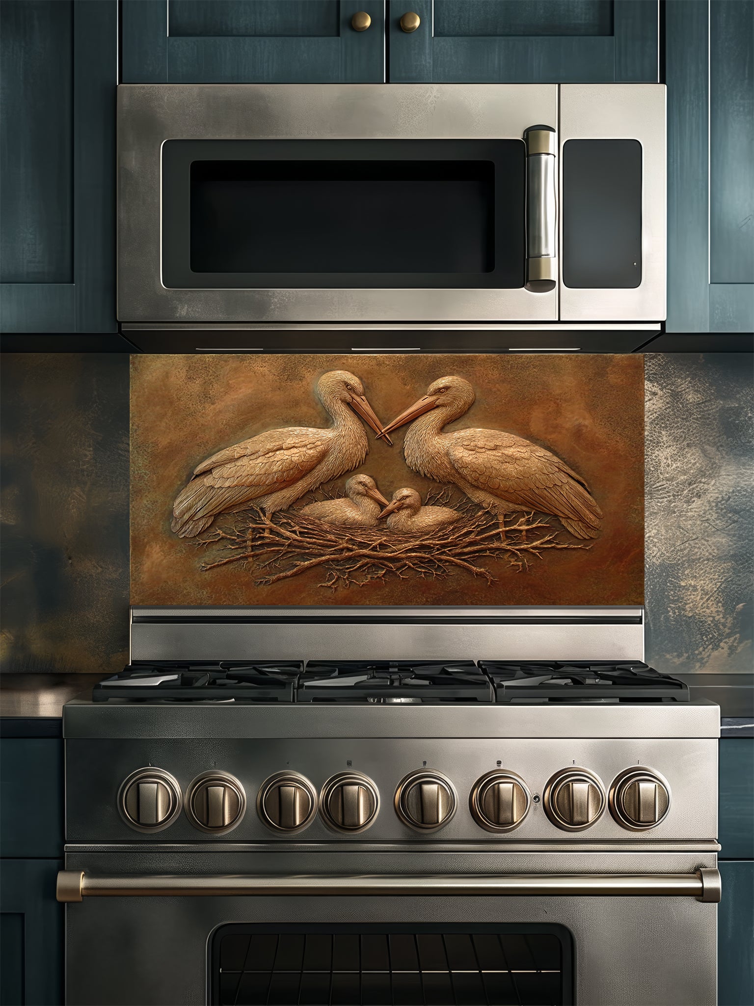 Faux 3D sculpted bronze relief of a stork family in a nest set against a rustic metallic background, UV printed on a smooth tempered glass kitchen backsplash.