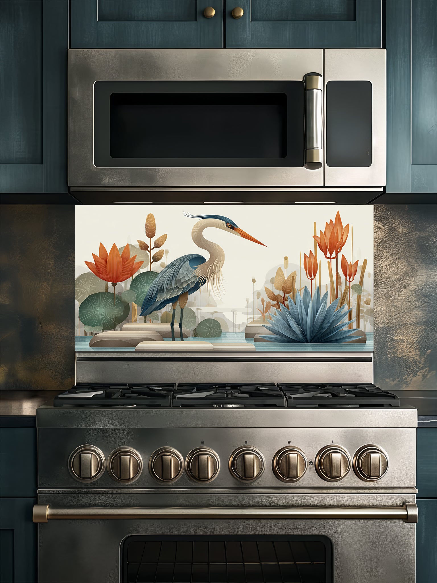 Tempered glass kitchen backsplash featuring a crisp, modern minimalist flat illustration of a grey heron standing among geometric teal lotus leaves, smooth river stones, and tall orange architectural flowers against a smooth cream background, installed behind a modern black stove.