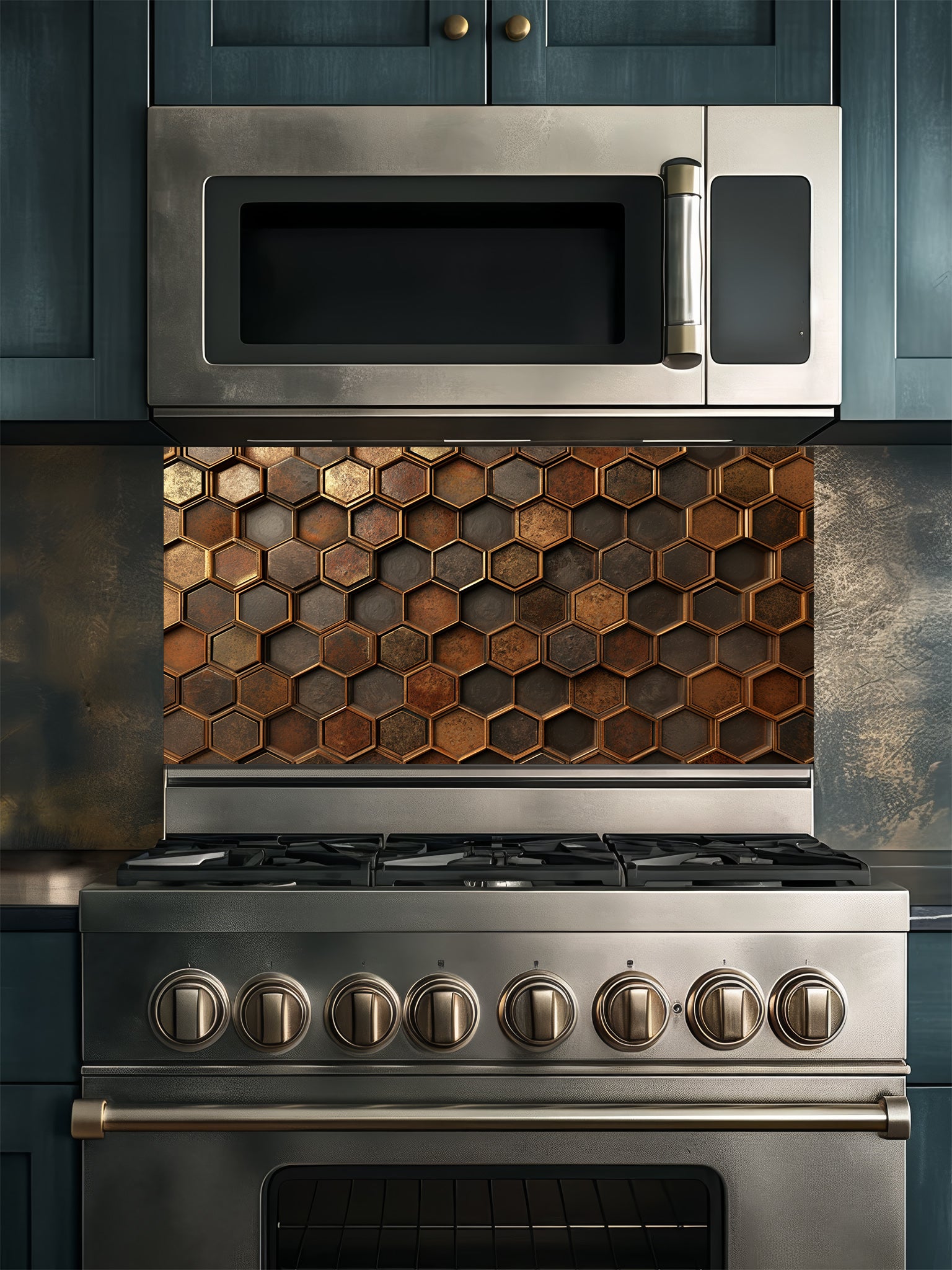 Faux 3D effect weathered and rusted metal hexagon tiles in copper and iron tones, UV printed on a smooth tempered glass kitchen backsplash, installed behind a modern stove.