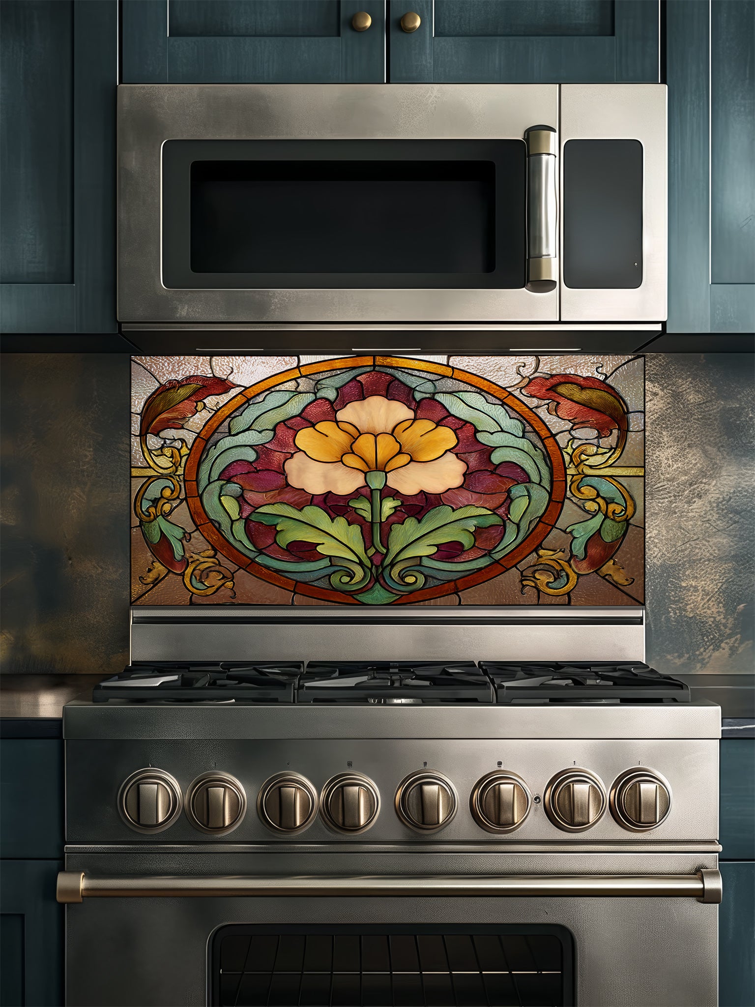 Stained glass style vintage floral medallion in warm amber, burgundy, and green tones, UV printed on a smooth tempered glass kitchen backsplash, installed behind a modern stove.