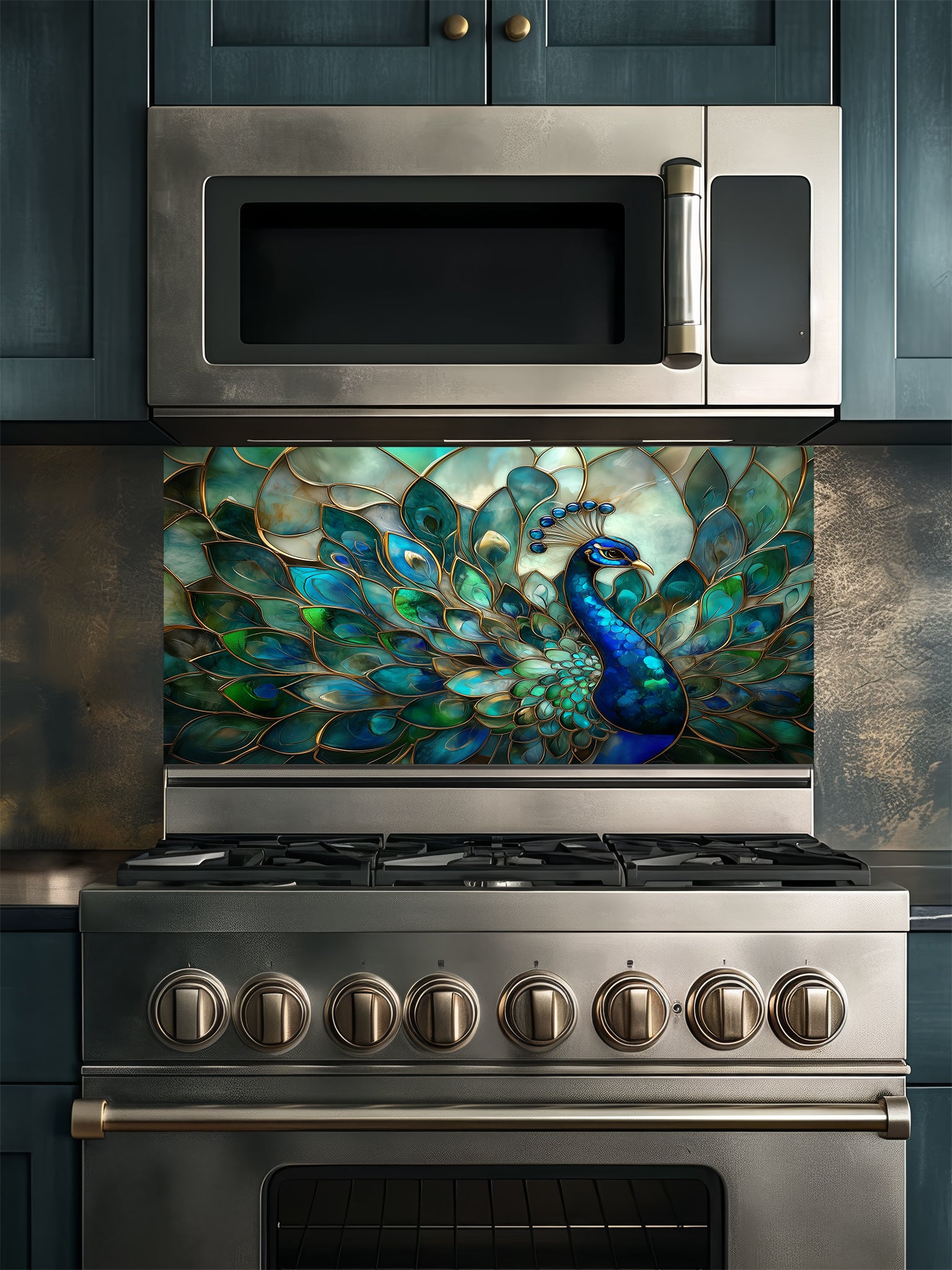 Tempered glass kitchen backsplash featuring a highly realistic 3D illusion of Art Nouveau stained glass showing a magnificent peacock with flowing teal, emerald, and sapphire feathers outlined in gold, installed behind a modern stainless steel stove.