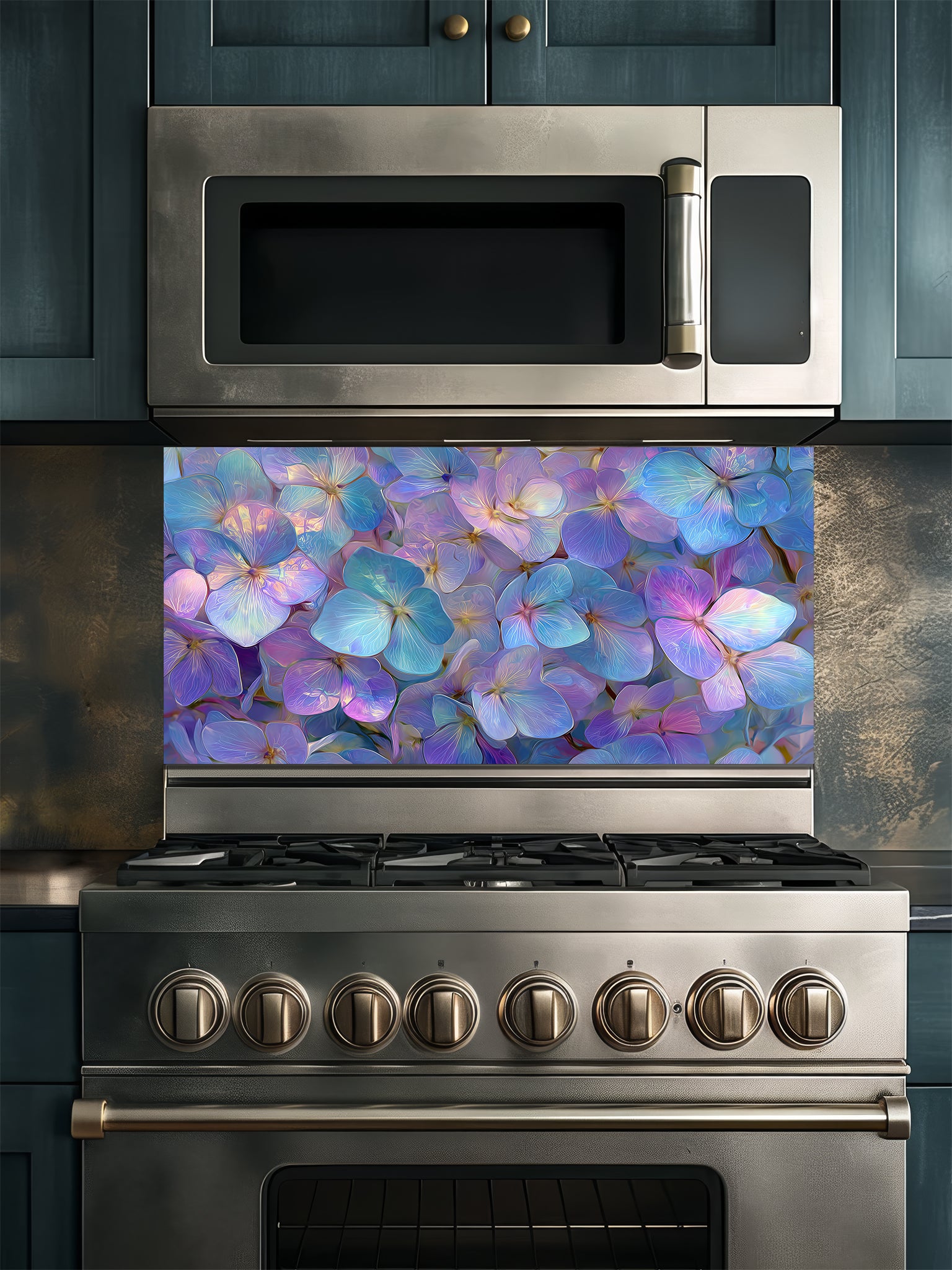 Ethereal iridescent floral pattern featuring glowing purple, blue, and pink flower petals, UV printed on a smooth tempered glass kitchen backsplash, installed behind a modern stove.