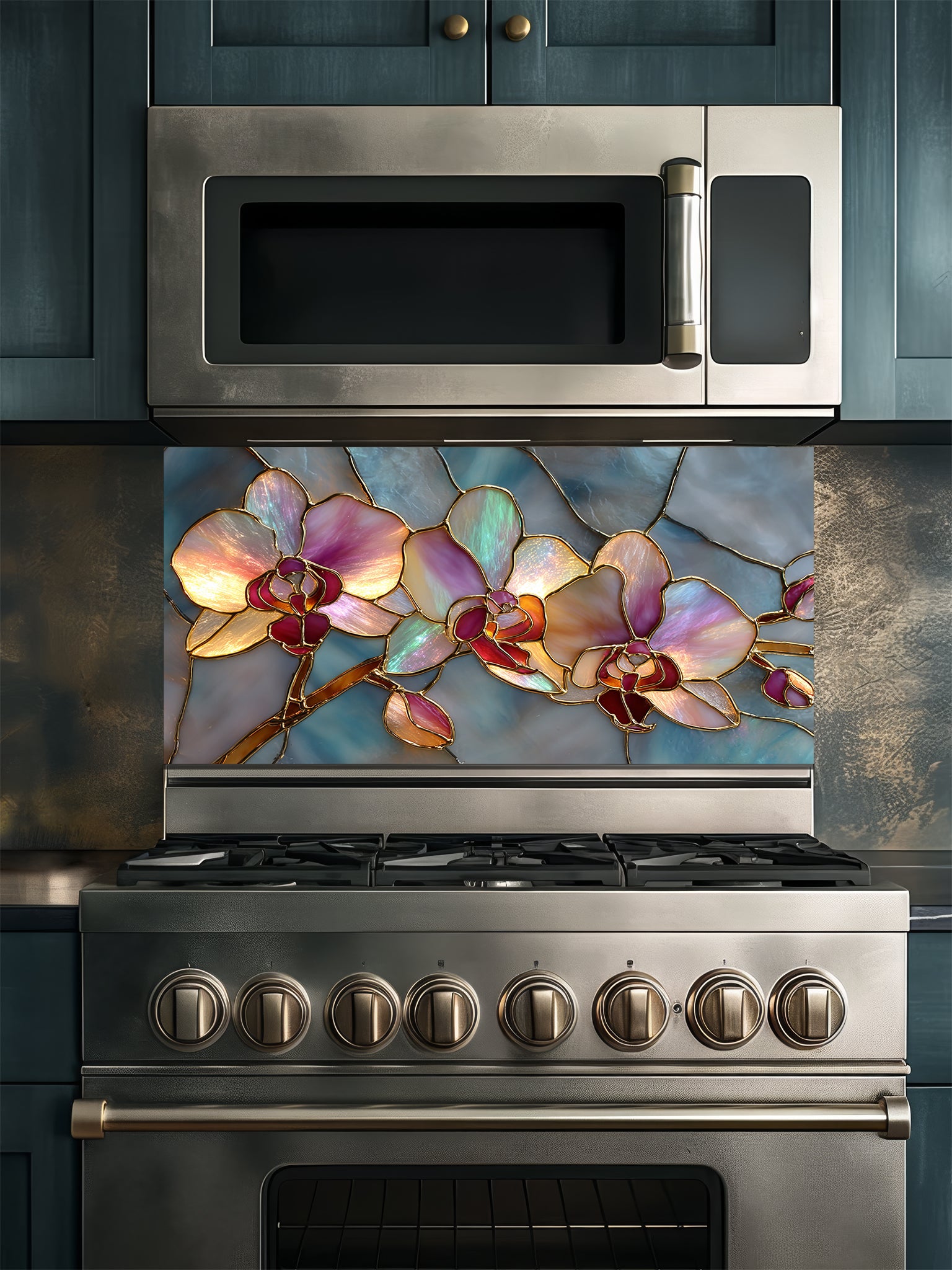 Faux stained glass pattern featuring glowing pink and magenta orchids with gold outlines against a swirling teal and blue mosaic background, UV printed on a smooth tempered glass kitchen backsplash.