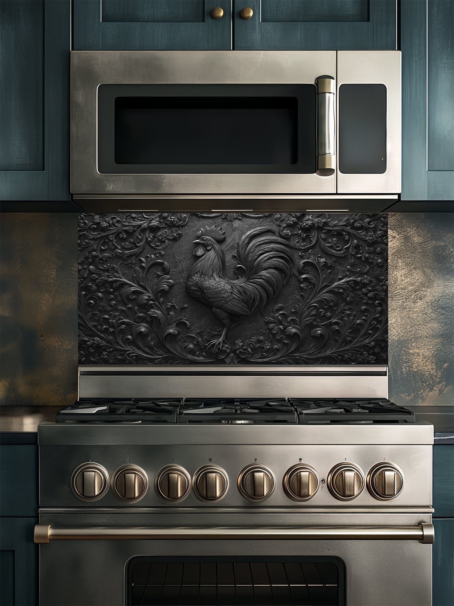 Faux 3D sculpted dark slate and black cast iron relief of a majestic rooster and botanical motifs, UV printed on a smooth tempered glass kitchen backsplash.