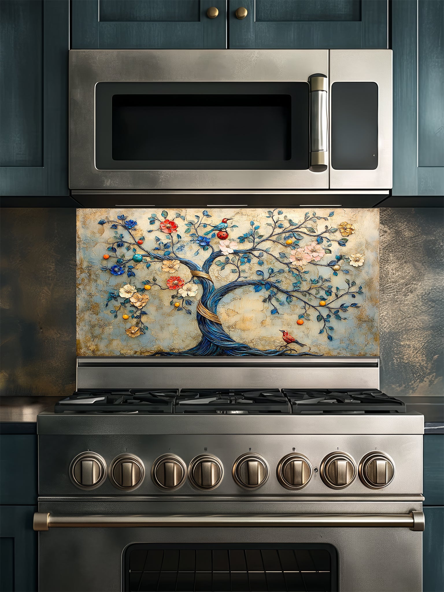 Tempered glass kitchen backsplash featuring a highly realistic 3D illusion of an embossed bas-relief sculpture showing an enchanted tree with a twisting blue trunk, colorful blooming flowers, and perched birds against a textured vintage golden-beige background, installed behind a modern black stove.
