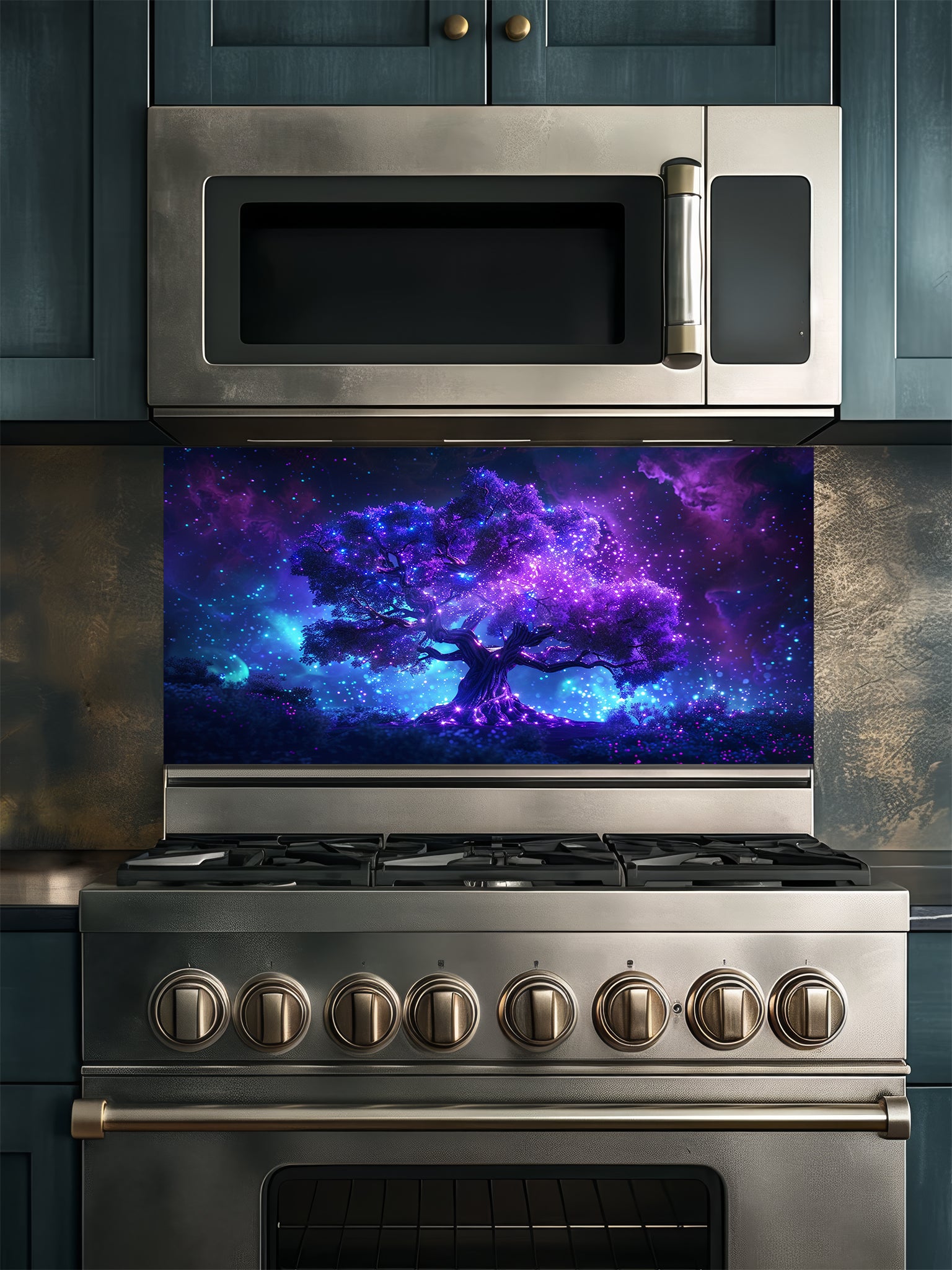 Glowing purple and blue cosmic tree of life against a starry nebula galaxy background, UV printed on a smooth tempered glass kitchen backsplash.