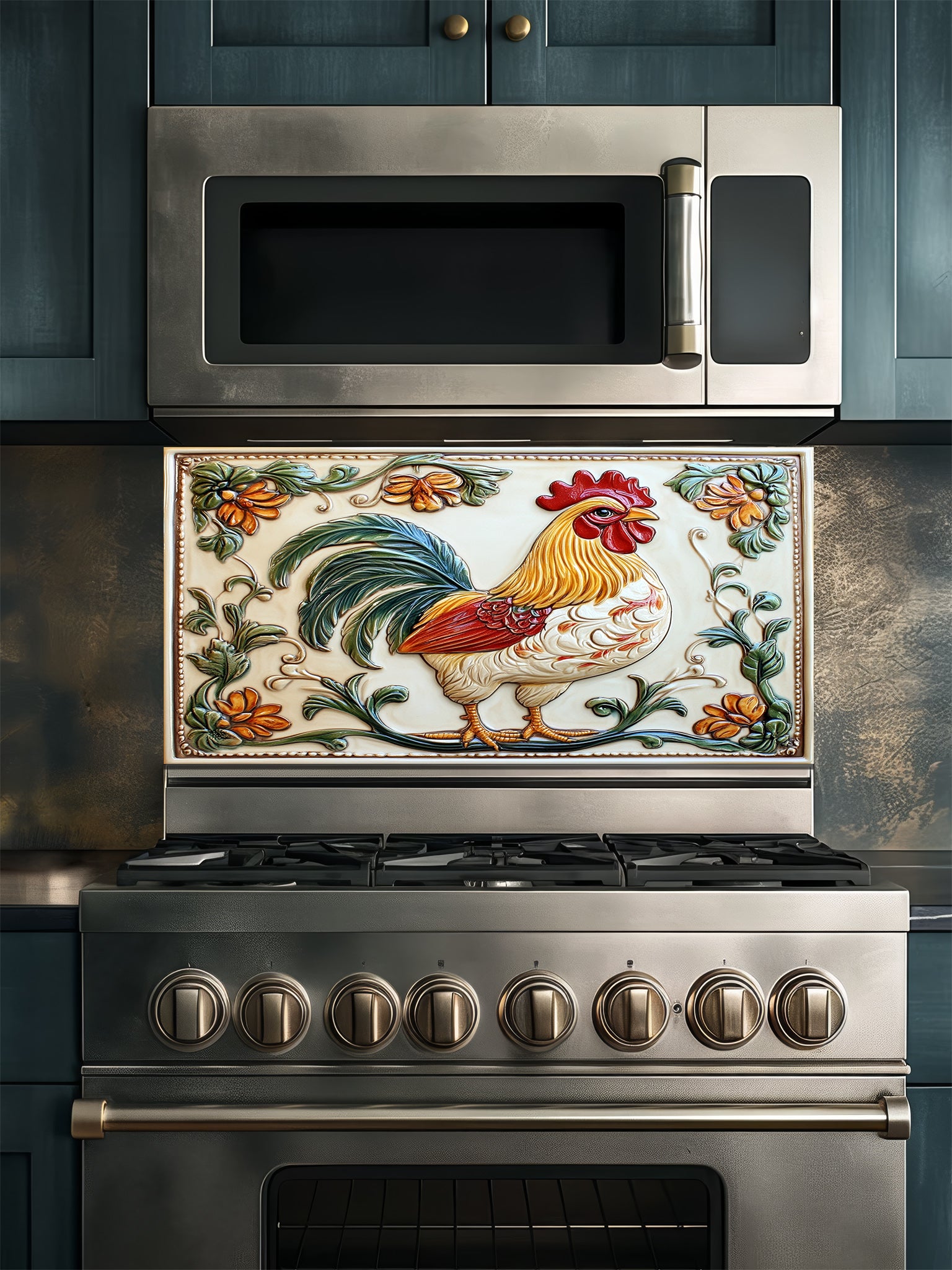 A rustic farmhouse kitchen featuring a tempered glass backsplash with a vintage rooster and floral design that mimics embossed ceramic tiles, installed behind a stainless steel stove.