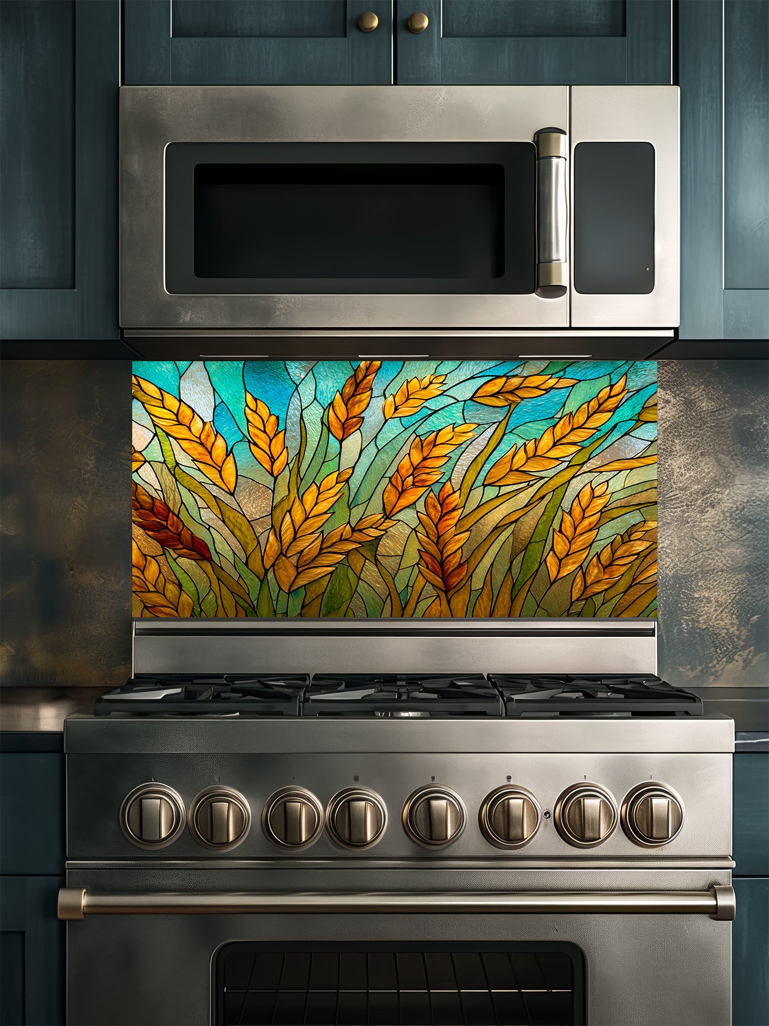 Tempered glass kitchen backsplash featuring a highly realistic 3D illusion of stained glass art showing golden amber wheat stalks swaying against a vibrant teal and turquoise sky with black faux lead lines, installed behind a modern black stove.