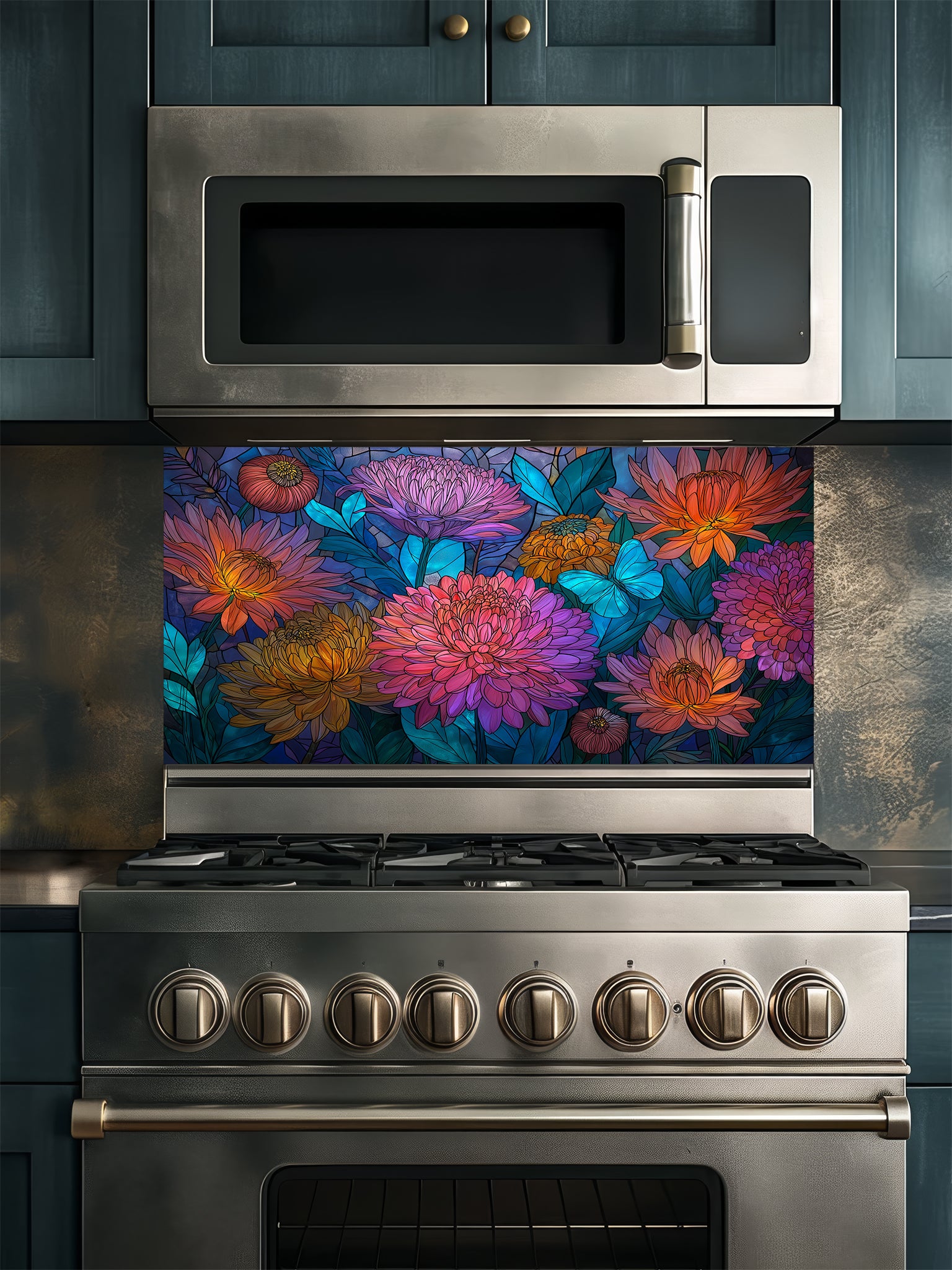 Stained glass style vibrant pink and orange dahlia flowers with a bright blue butterfly, UV printed on a smooth tempered glass kitchen backsplash, installed behind a modern stove.