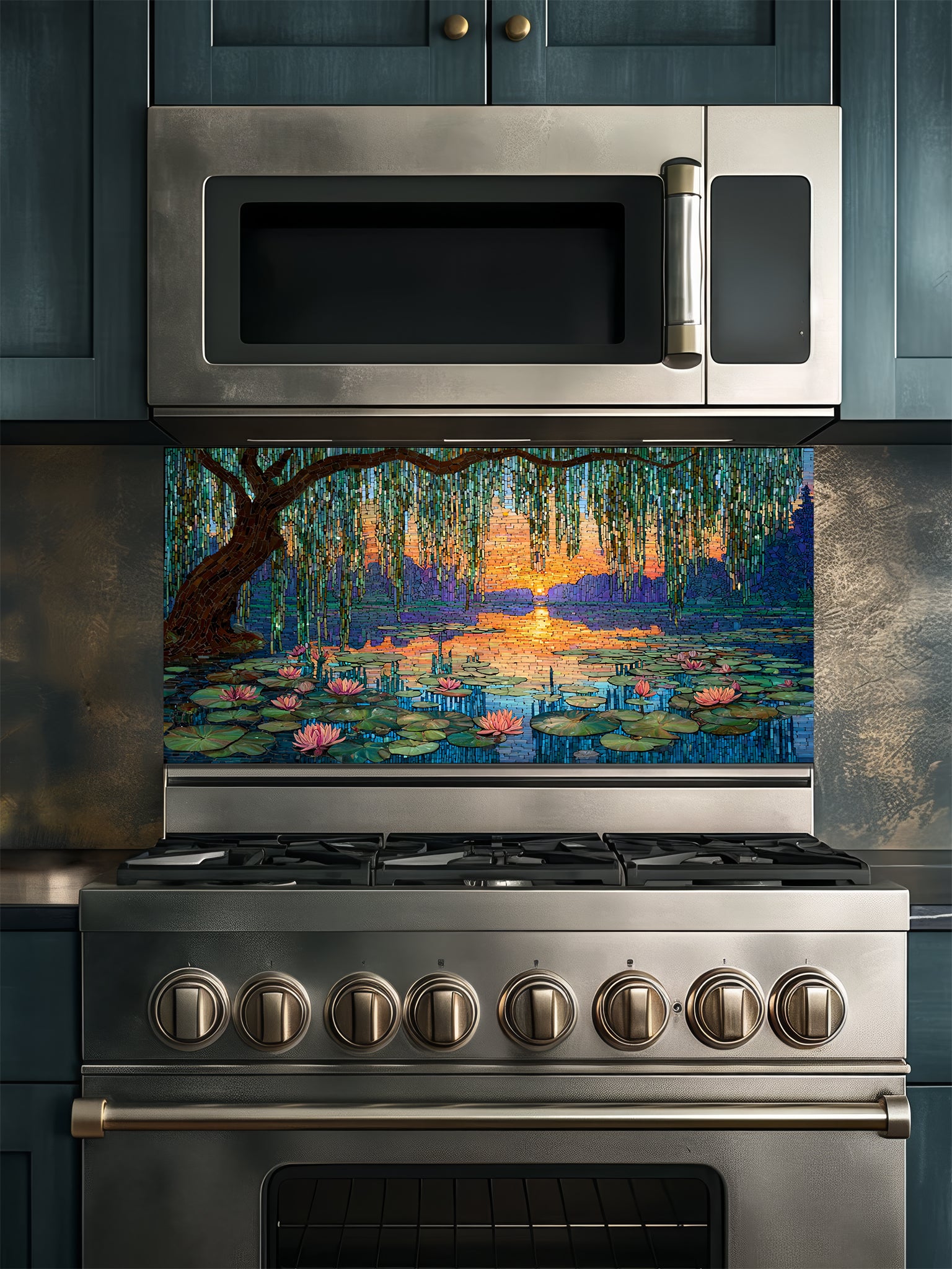 Tempered glass kitchen backsplash featuring a highly realistic 3D illusion of intricate mosaic tile art showing a majestic weeping willow tree and blooming pink water lilies on a tranquil lake during a vibrant golden and purple sunset, installed behind a modern black stove.