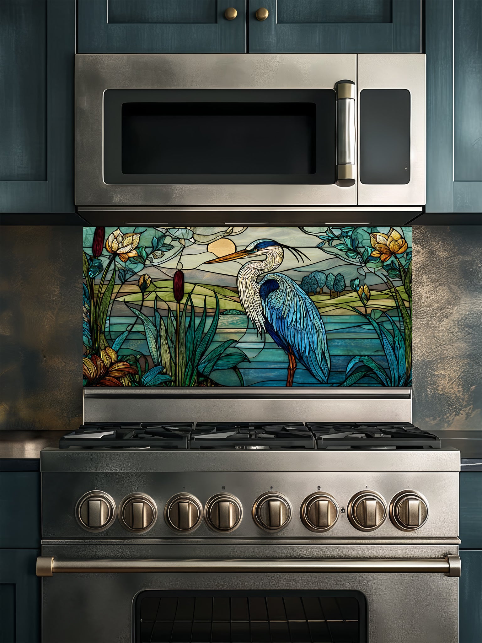 Stainless steel oven with decorative glass panel featuring a heron and nature scene.