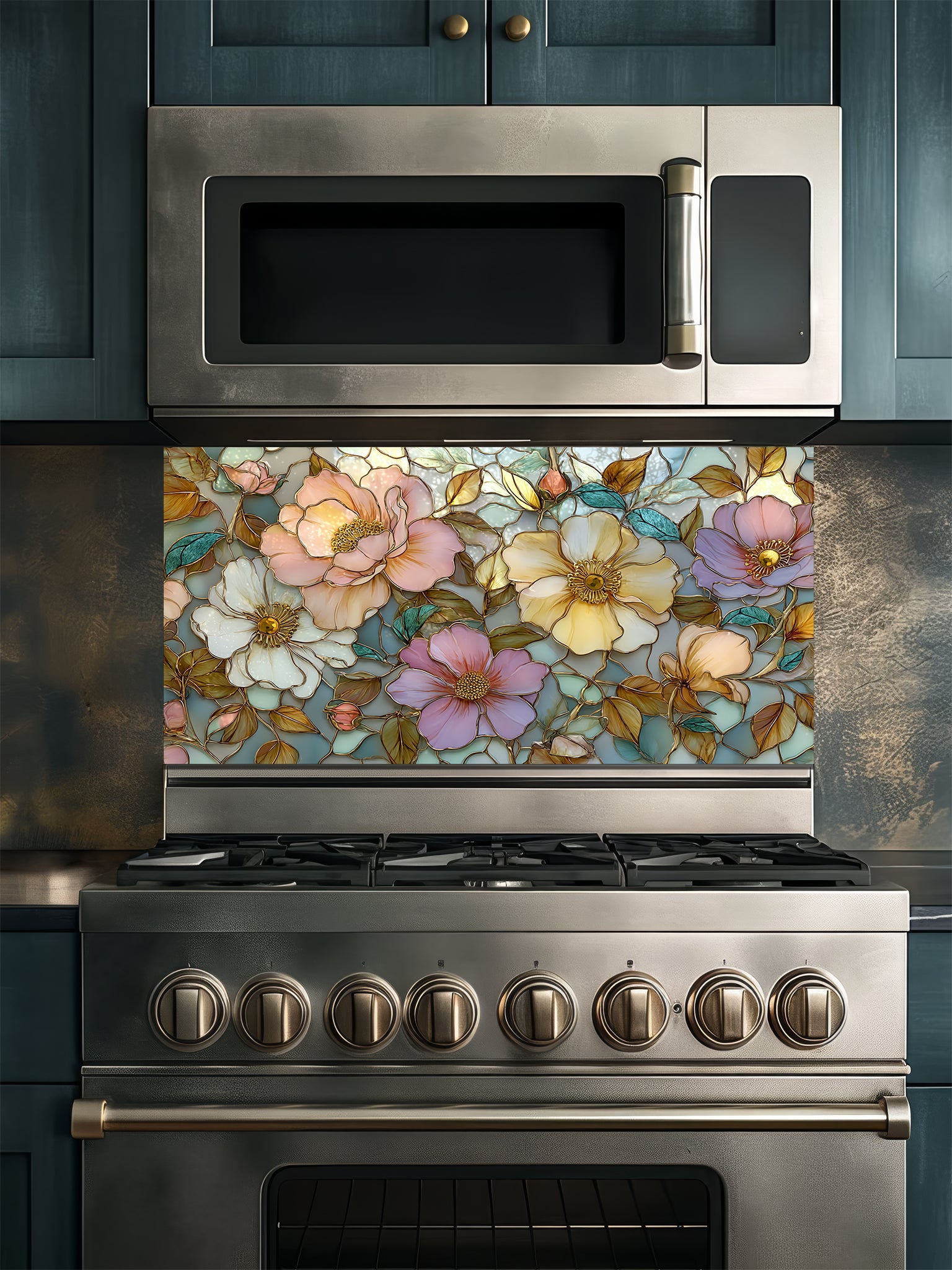 Stained glass style botanical pattern featuring large pastel pink, peach, and yellow peony flowers with gold outlines, UV printed on a smooth tempered glass kitchen backsplash.