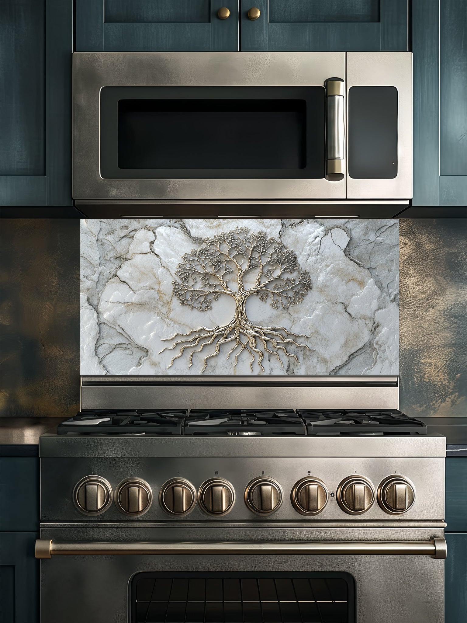 Faux 3D effect metallic Tree of Life on a light marble texture background, UV printed on a smooth tempered glass kitchen backsplash, installed behind a modern stove.
