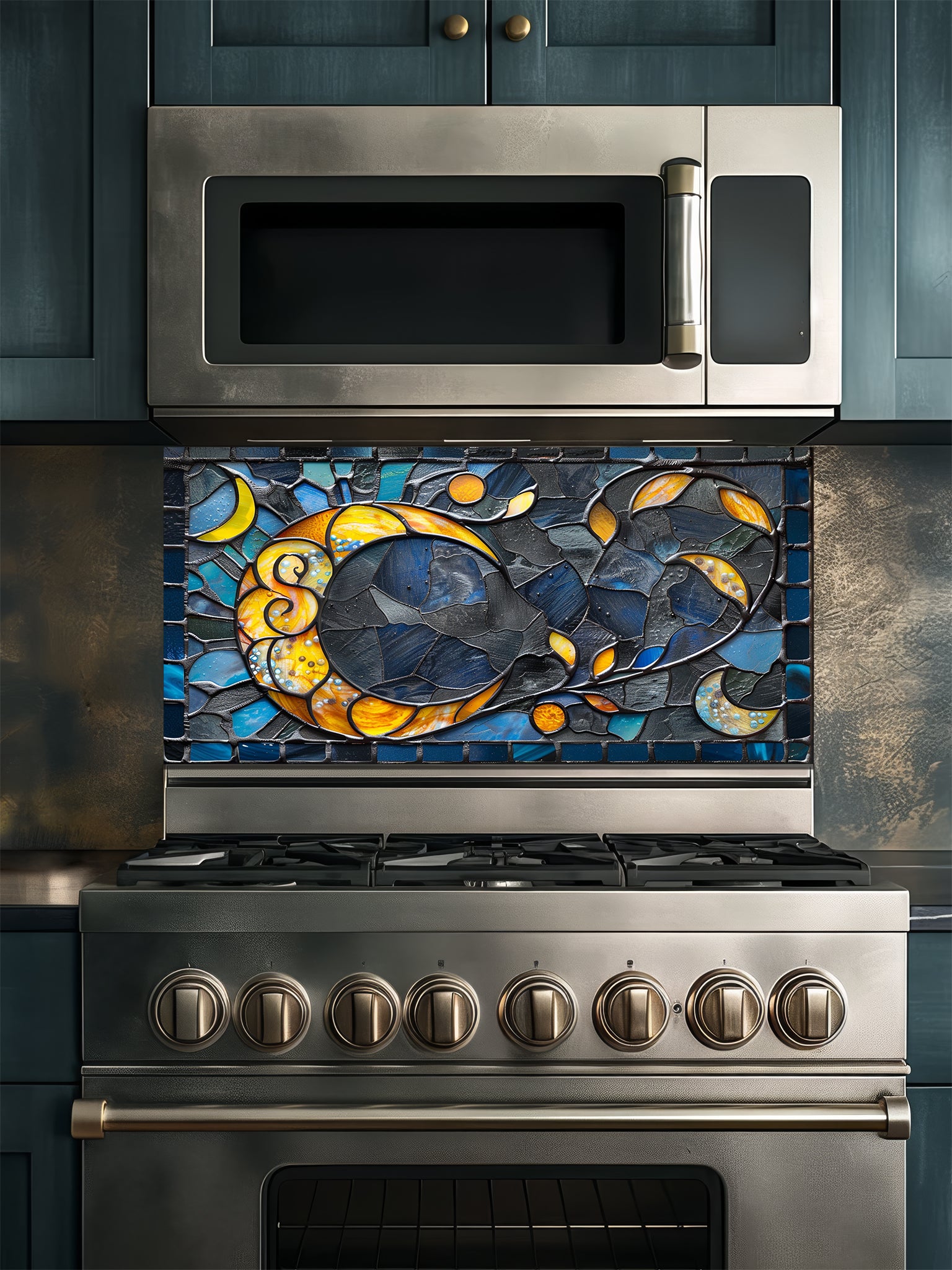 Tempered glass kitchen backsplash featuring a highly realistic 3D illusion of an abstract mosaic moon glowing in amber and gold against a swirling midnight blue and charcoal background, installed behind a modern black stove.