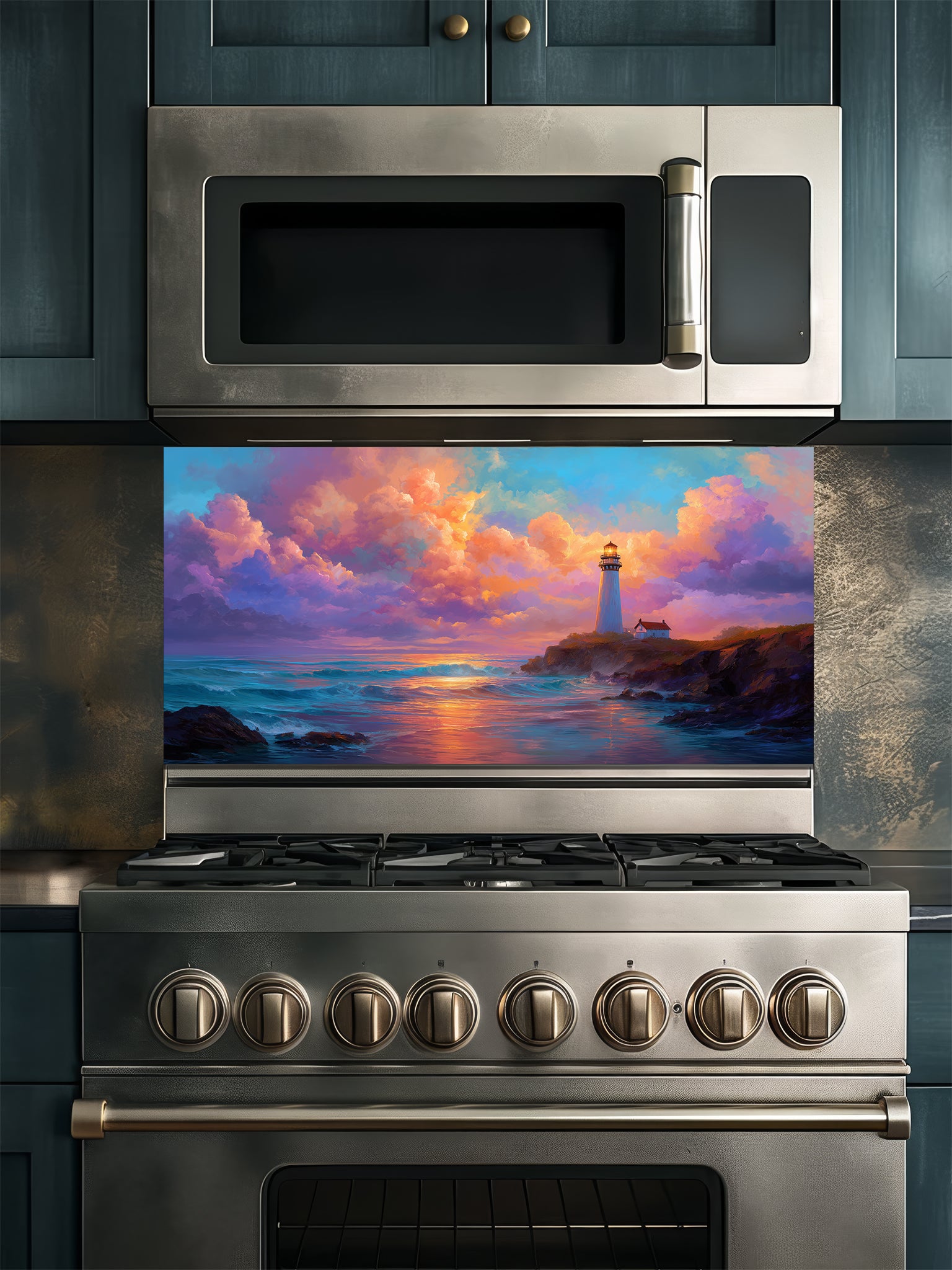 Painting style landscape of a classic lighthouse on a rocky cliff overlooking ocean waves under a colorful sunset sky, UV printed on a smooth tempered glass kitchen backsplash.