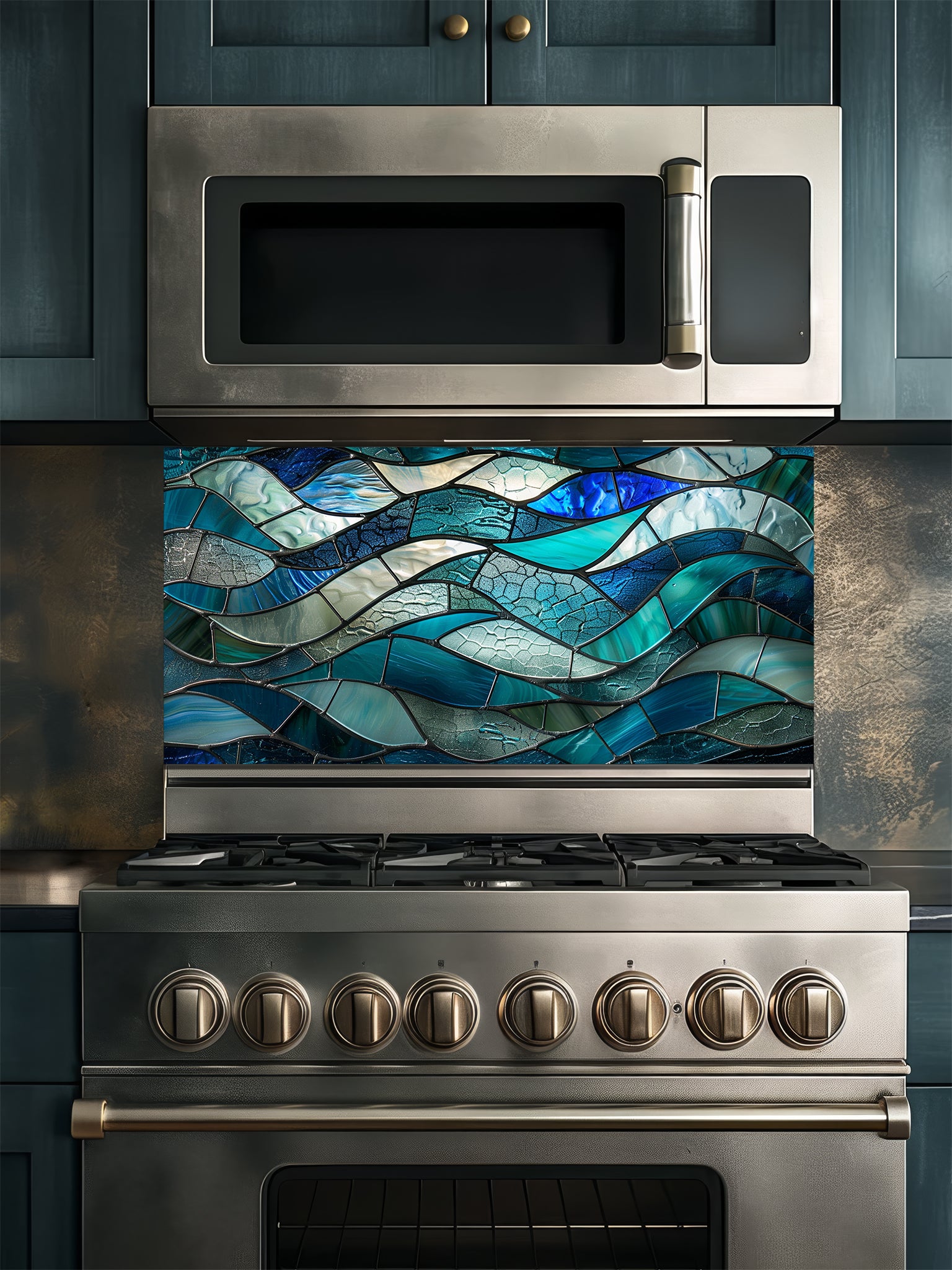 Tempered glass kitchen backsplash featuring a highly realistic 3D illusion of stained glass or sea glass art showing flowing, overlapping ocean waves in vibrant translucent shades of sapphire blue, teal, and aquamarine, installed behind a modern black stove.