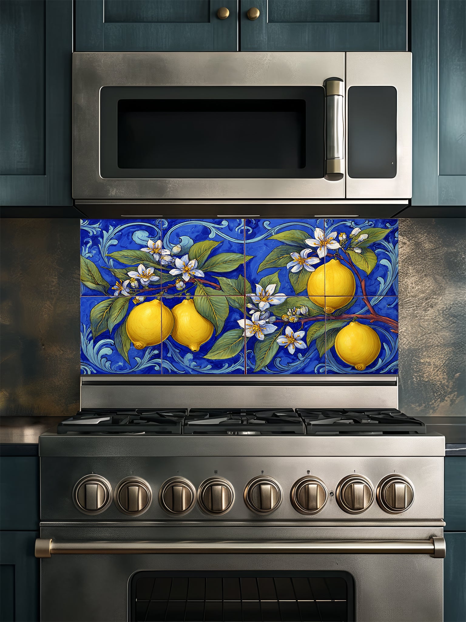 Tempered glass kitchen backsplash featuring a highly realistic illusion of traditional hand-painted Italian Majolica ceramic tiles, showcasing bright yellow lemons, white blossoms, and green leaves against a deep royal blue background with elegant scrollwork, installed behind a modern black stove.