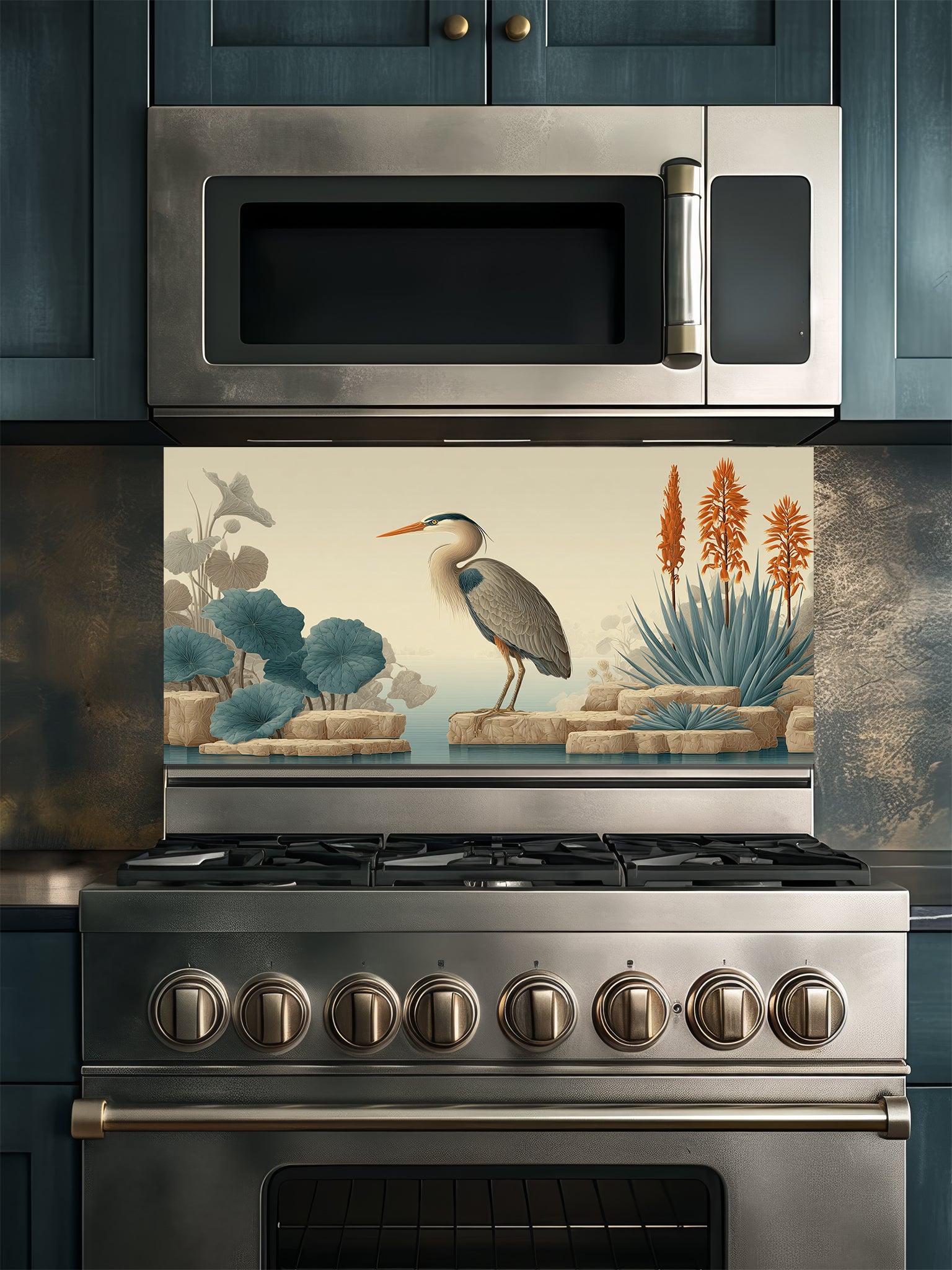 Tempered glass kitchen backsplash featuring a highly realistic illusion of a vintage naturalist illustration showing a serene blue heron standing on beige rocks among muted teal lotus leaves and tall orange exotic flowers against a soft cream background, installed behind a modern black stove.