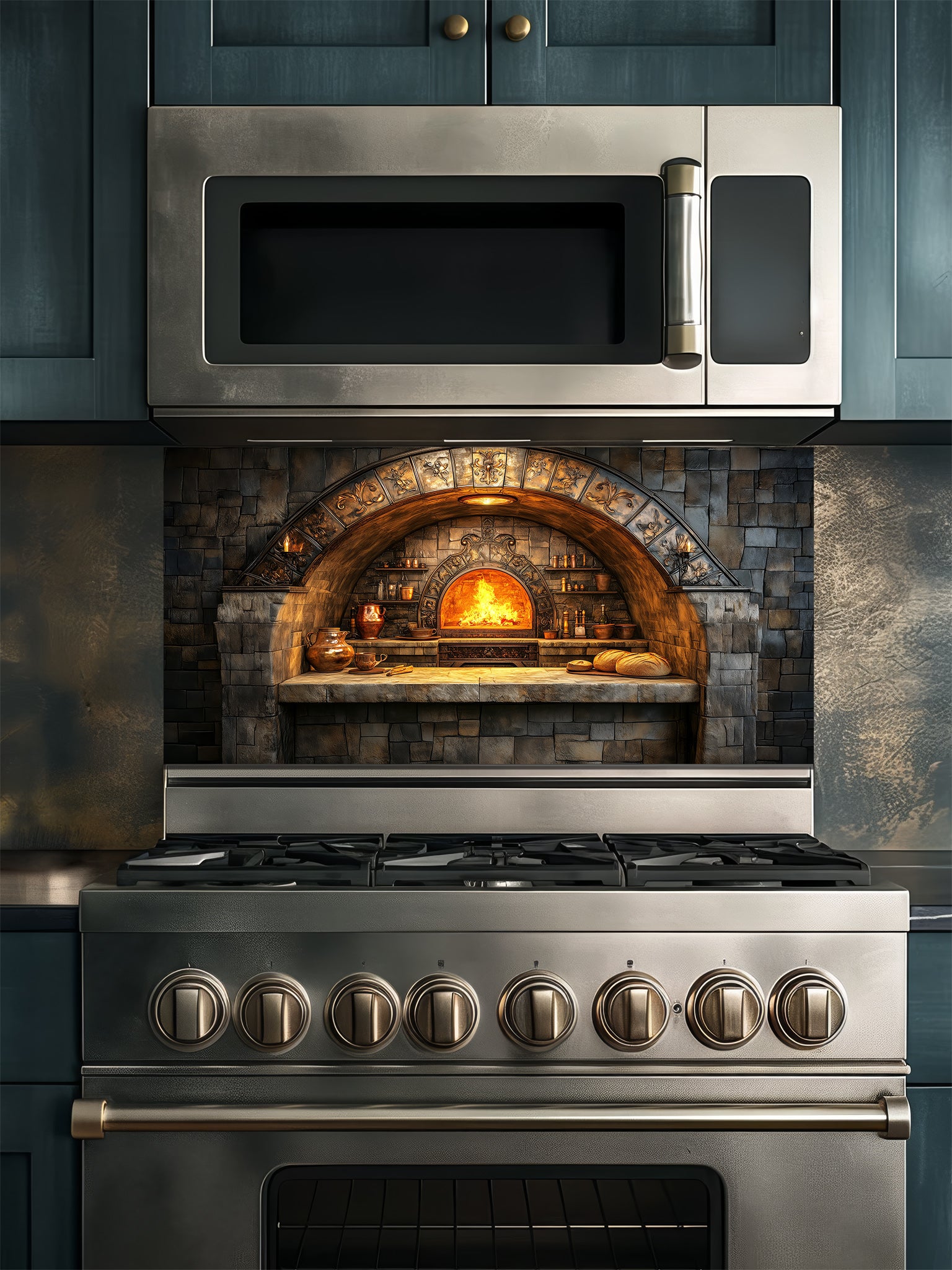 A cozy kitchen featuring a tempered glass backsplash with a highly realistic 3D illusion of a rustic stone oven, glowing fire, and vintage copper cookware, installed behind a modern black stove.