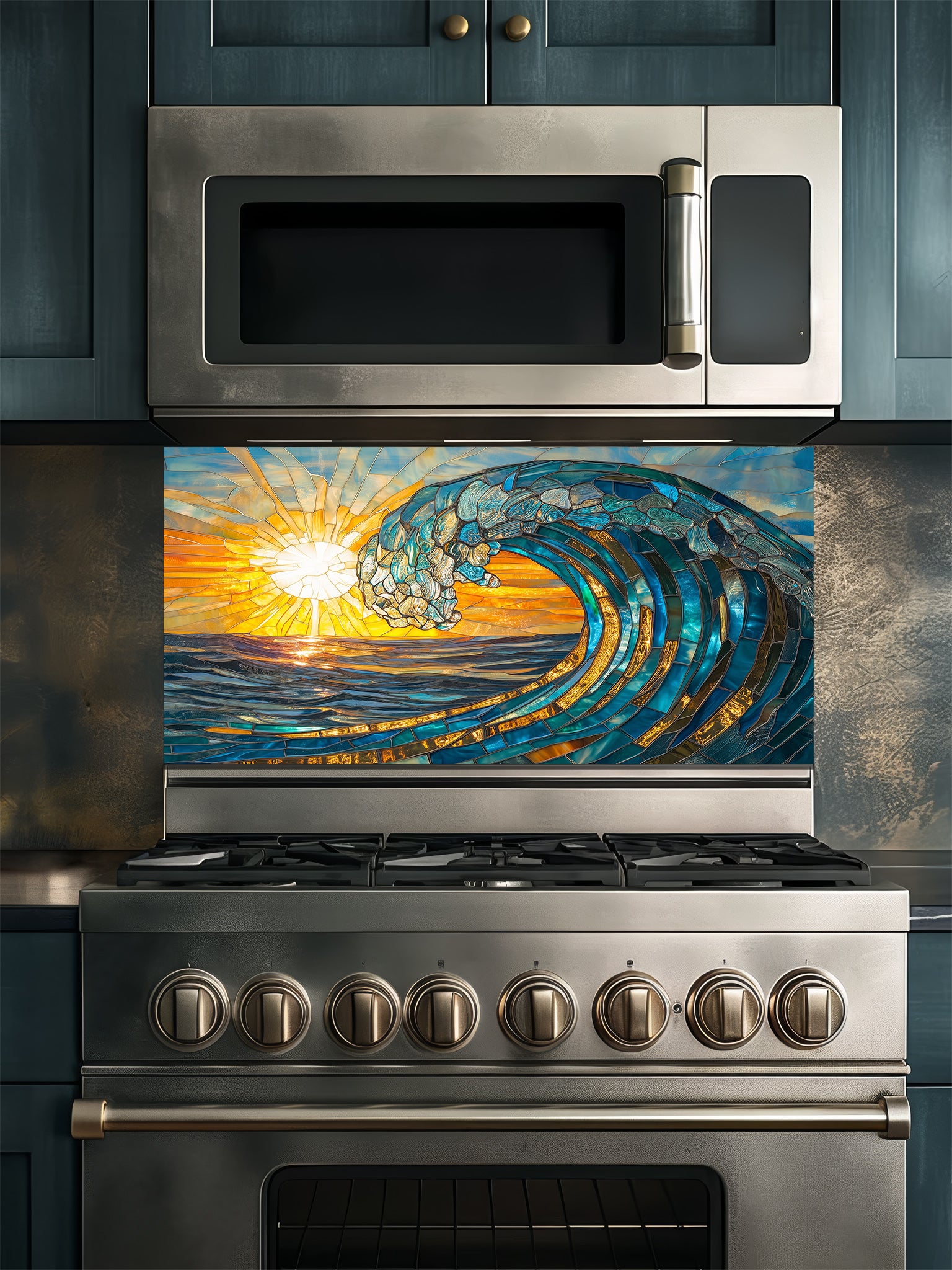 A vibrant stained glass effect tempered glass backsplash featuring a majestic crashing ocean wave and bright golden sunset, installed behind a modern stainless steel kitchen stove.