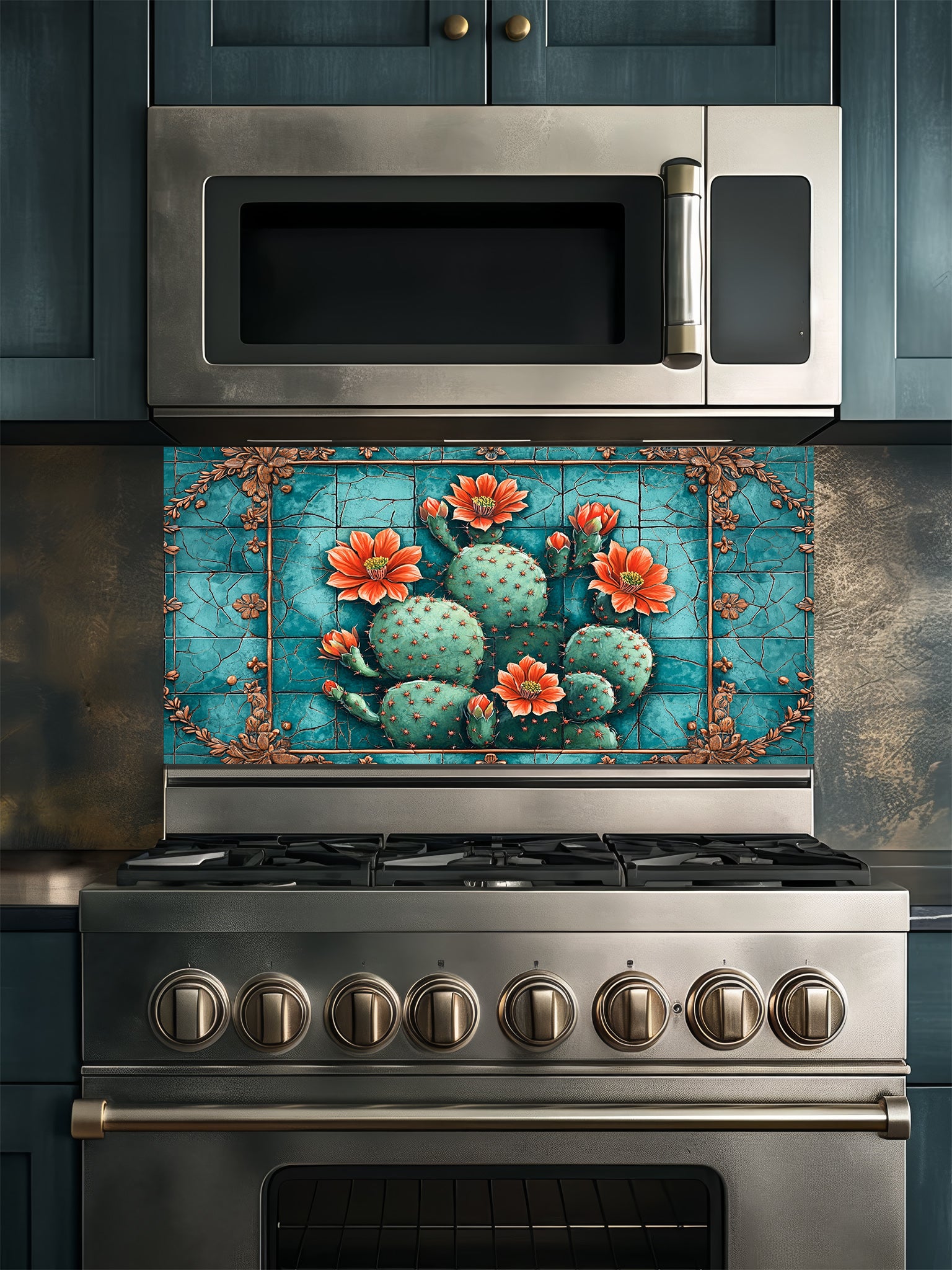 Faux vintage cracked turquoise tile featuring a blooming prickly pear cactus with orange flowers, UV printed on a smooth tempered glass kitchen backsplash, installed behind a modern stove.