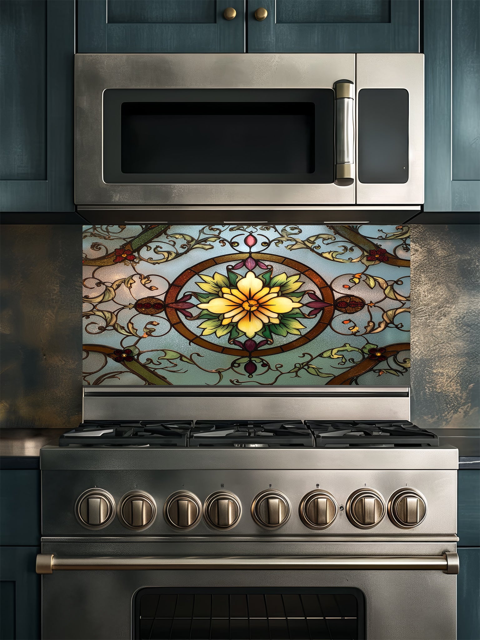 Tempered glass kitchen backsplash featuring a highly realistic 3D illusion of vintage stained glass, showcasing a glowing yellow floral medallion surrounded by green vines and red accents against a frosted blue background, installed behind a modern stainless steel stove.