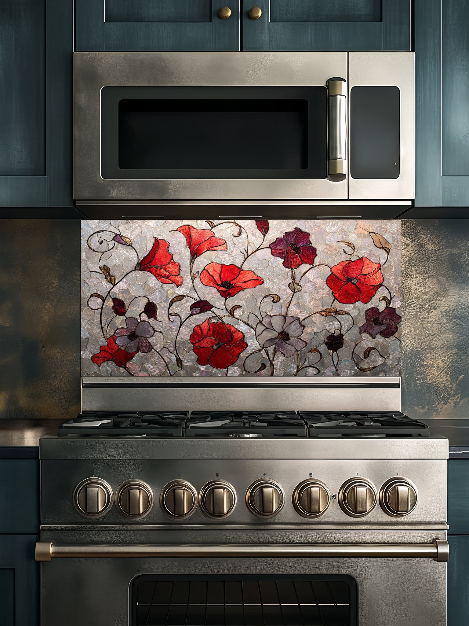 Tempered glass kitchen backsplash featuring a faux stained glass design of vibrant red and purple poppy flowers with elegant curving stems against a textured silver mosaic background, installed behind a modern stainless steel stove.