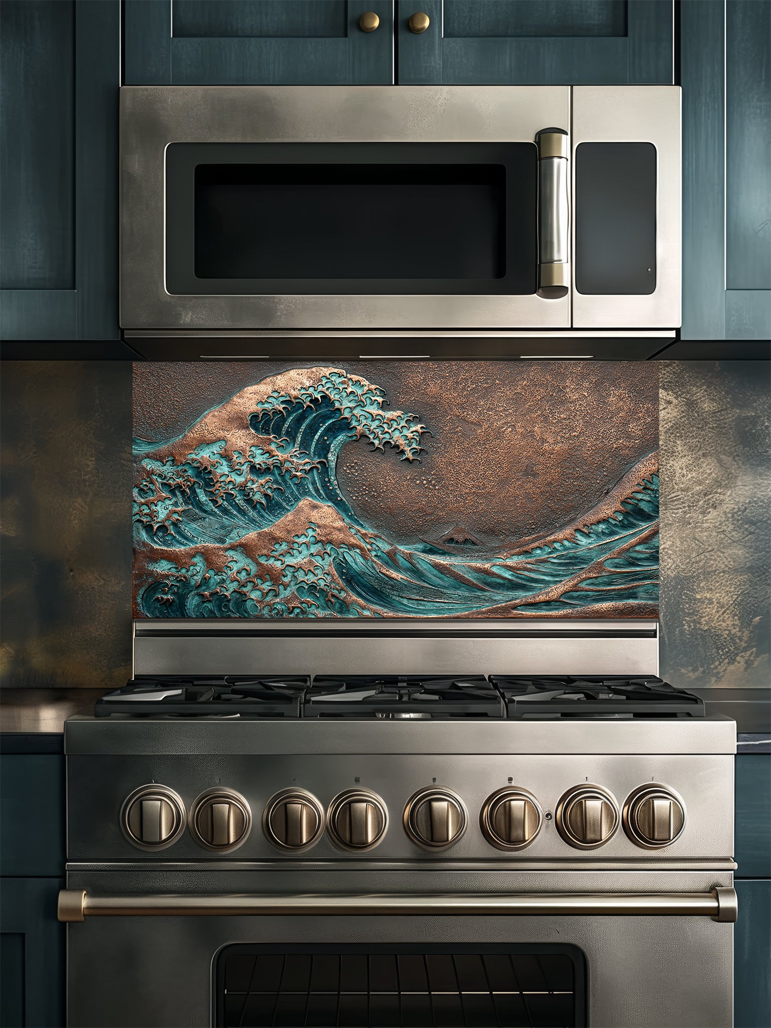 Faux 3D sculpted oxidized copper and bronze relief of the Great Wave off Kanagawa, featuring rich teal patina, UV printed on a smooth tempered glass kitchen backsplash.