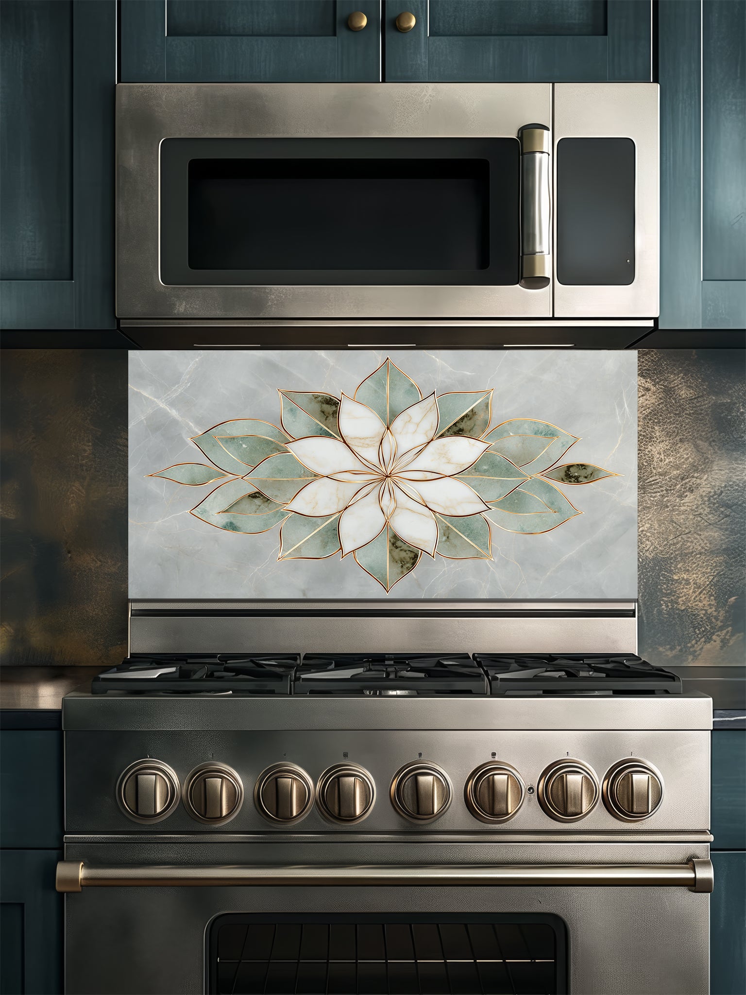 Faux light green jade marble kitchen backsplash featuring a sharp, geometric white and sage green stone lotus with gold inlay, UV printed on smooth tempered glass.