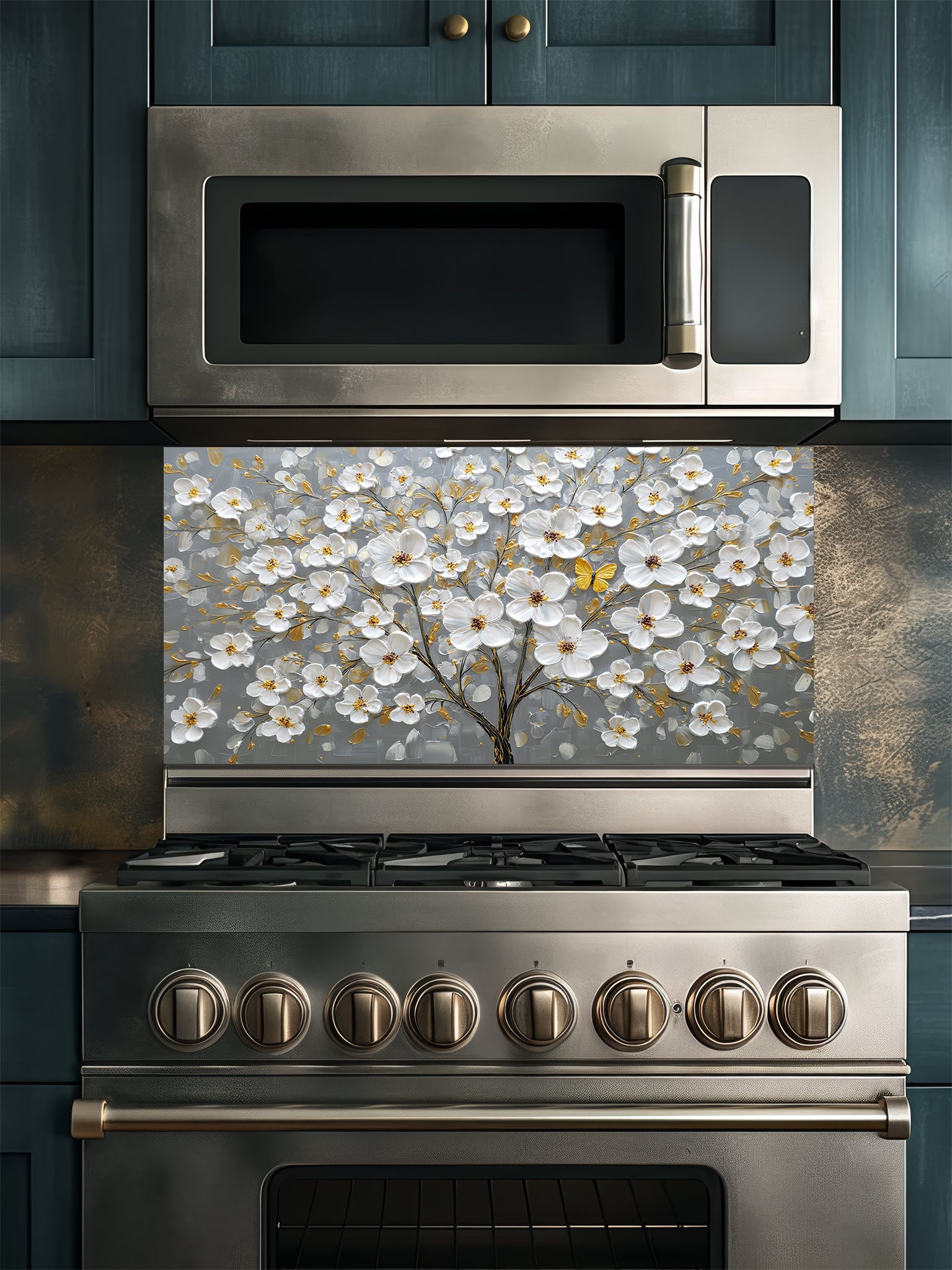 "Faux 3D impasto style painting of a white floral tree with golden accents and a yellow butterfly on a grey background, UV printed on a smooth tempered glass kitchen backsplash."
