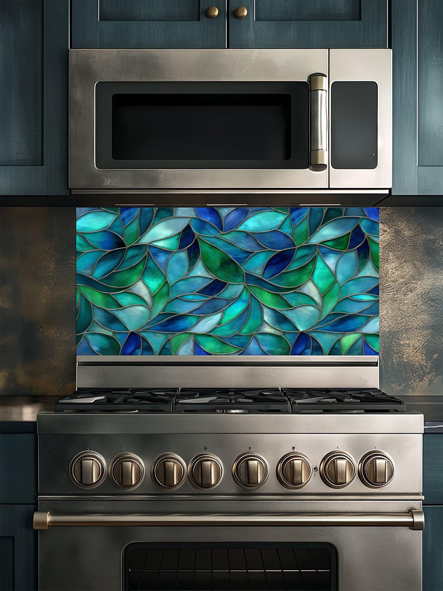 Tempered glass kitchen backsplash featuring a vibrant botanical stained glass effect with overlapping leaves in shades of teal, blue, and emerald green, installed behind a modern stainless steel stove.