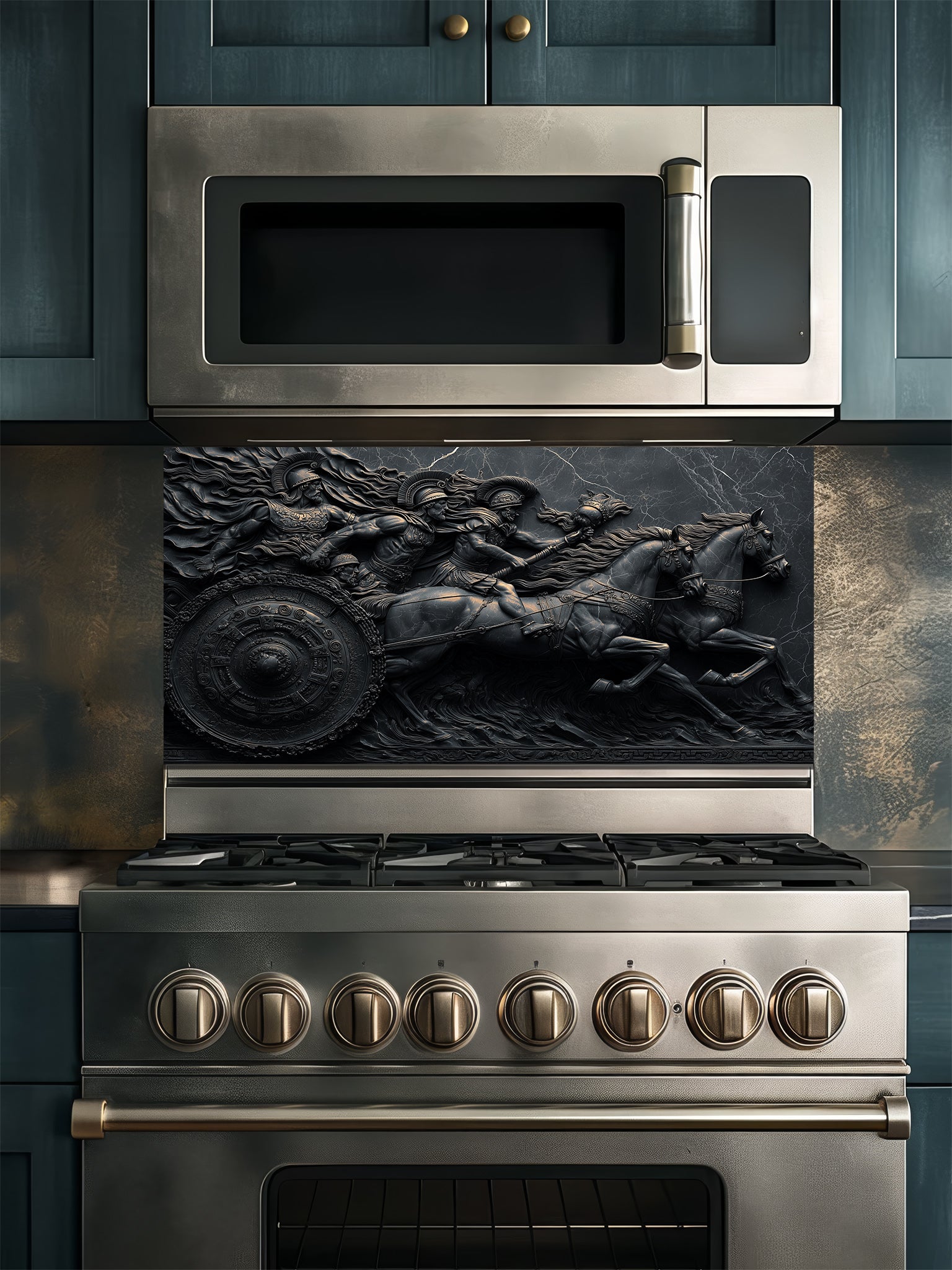 Faux 3D effect dark stone relief carving of a Roman chariot and warriors, UV printed on a smooth tempered glass kitchen backsplash, installed behind a modern stove.