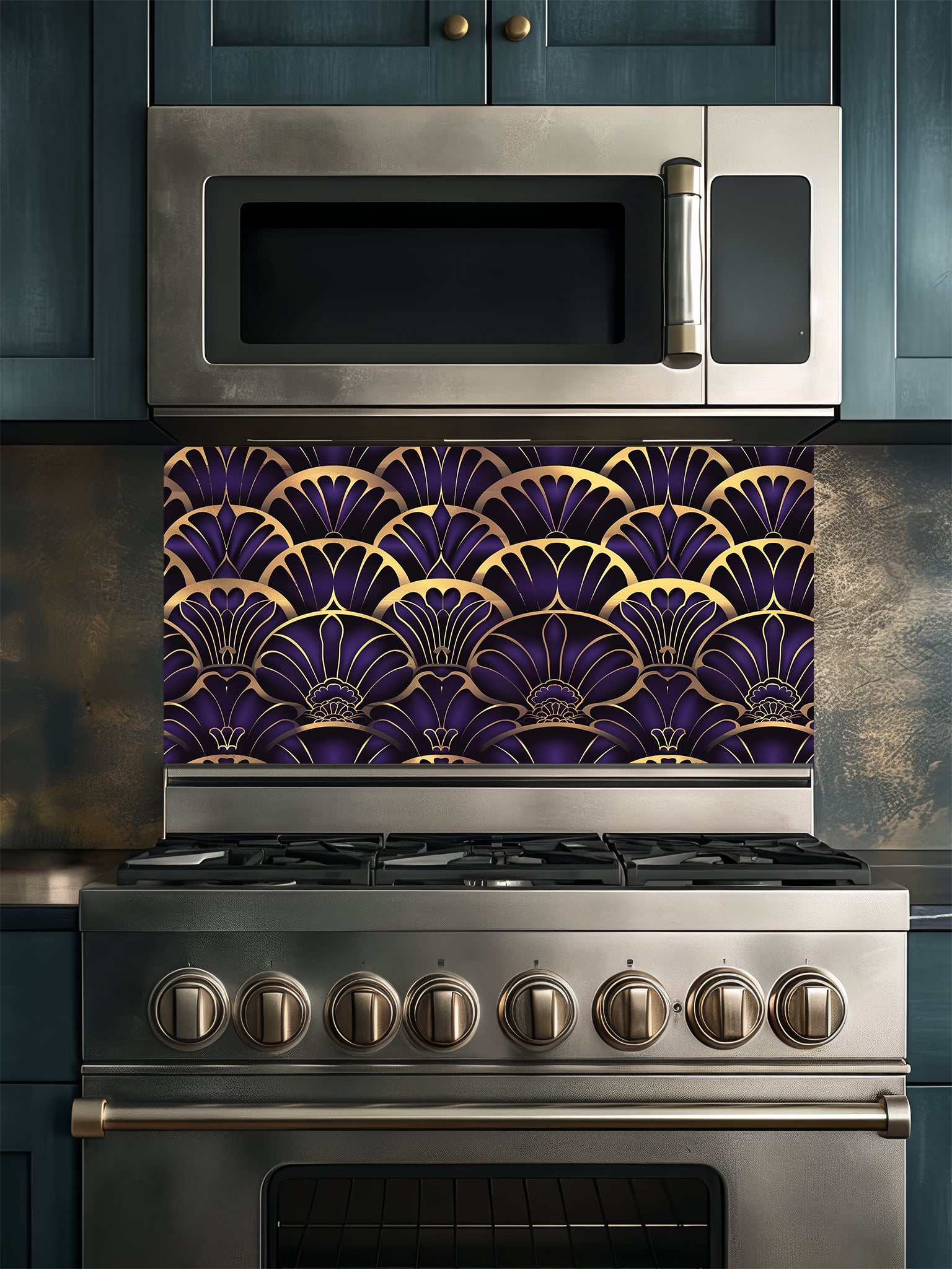 Tempered glass kitchen backsplash featuring a highly realistic 3D illusion of an Art Deco geometric scalloped fan pattern in luxurious royal purple and faux gold metallic outlines, installed behind a modern black stove.