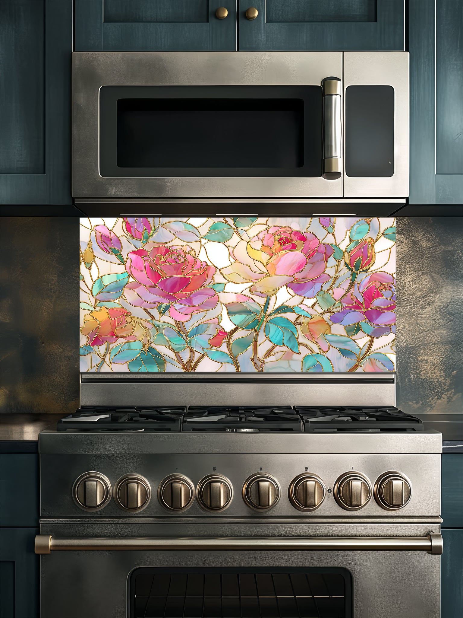 Tempered glass kitchen backsplash featuring a highly realistic 3D illusion of stained glass art showing large, elegant blooming pink and magenta roses with teal and green leaves, beautifully outlined in faux gold, installed behind a modern black stove.