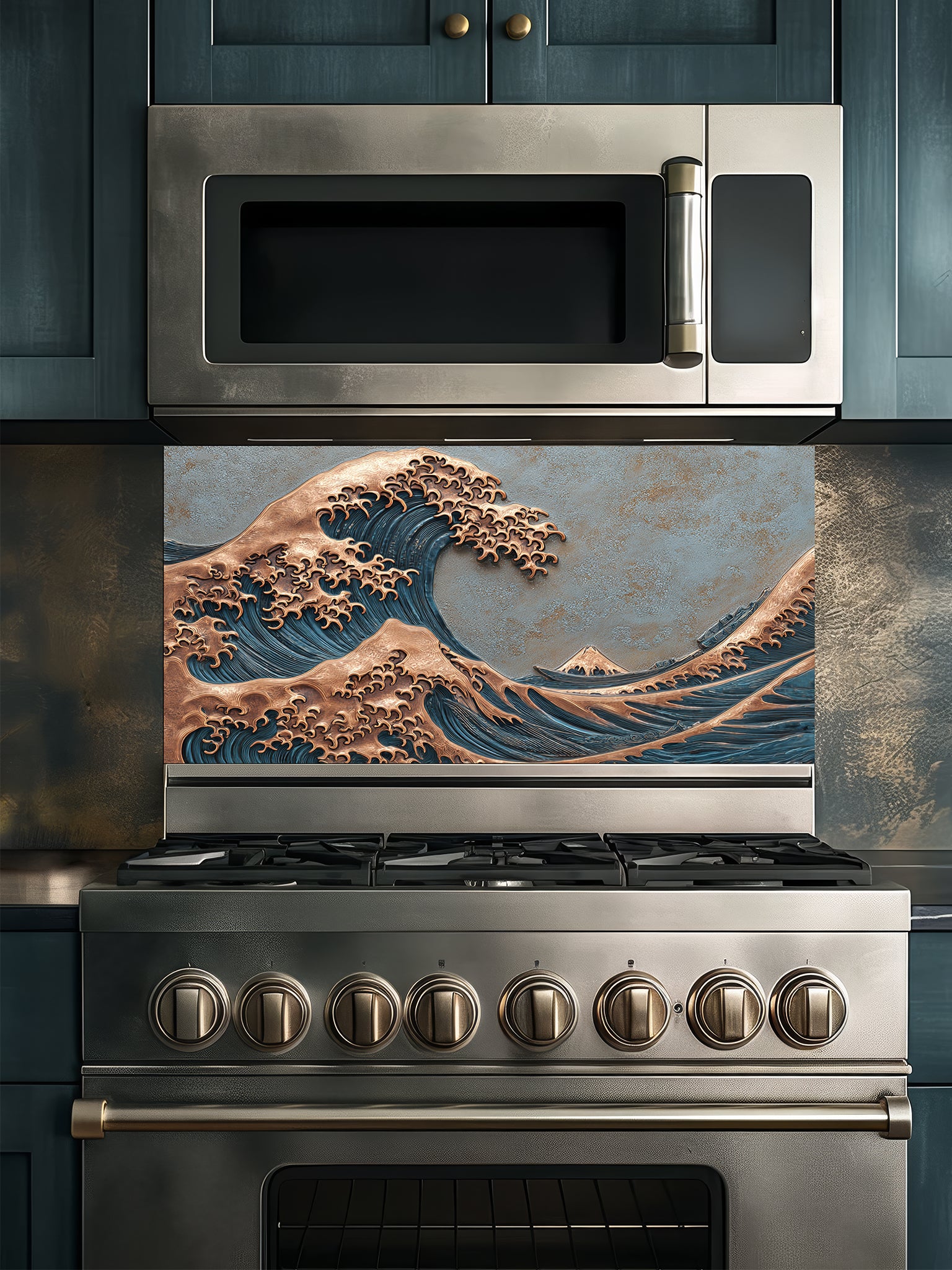 Tempered glass kitchen backsplash featuring a highly realistic 3D faux metal relief design of the Great Wave off Kanagawa, showcasing a striking contrast between deep blue water textures and embossed copper wave crests, installed behind a modern stainless steel stove.