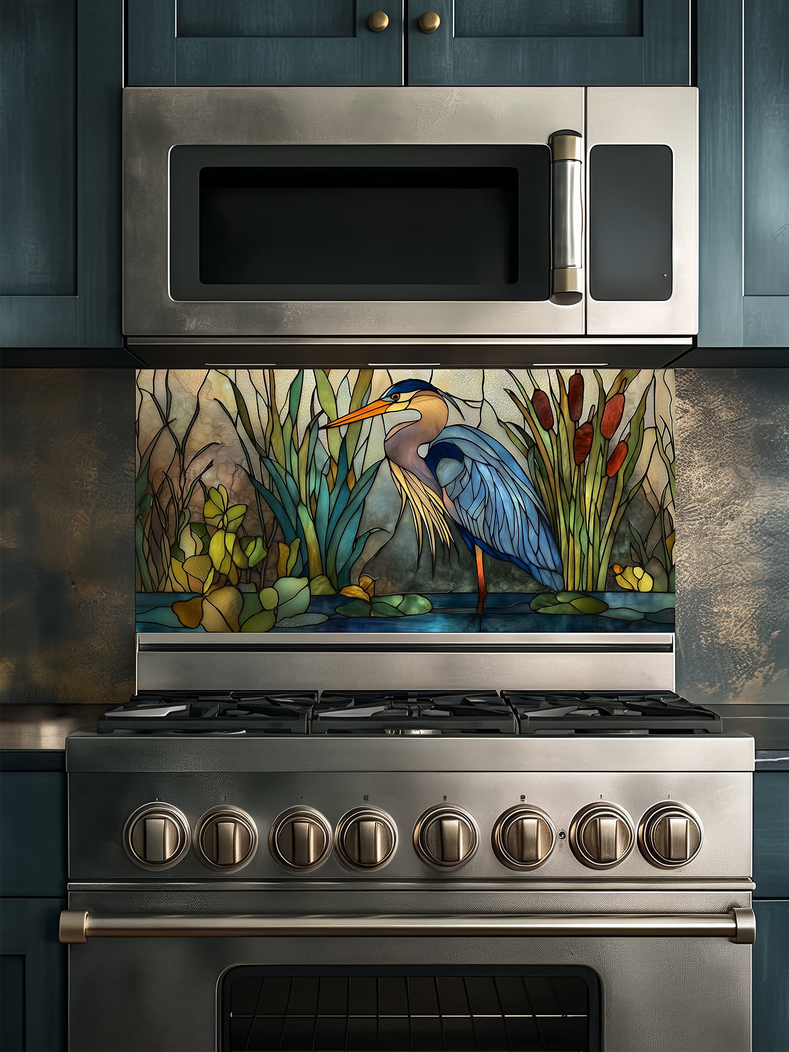 Tempered glass kitchen backsplash featuring a serene faux stained glass design of a majestic blue heron standing in a wetland with cattails and lily pads, installed behind a modern stainless steel stove.
