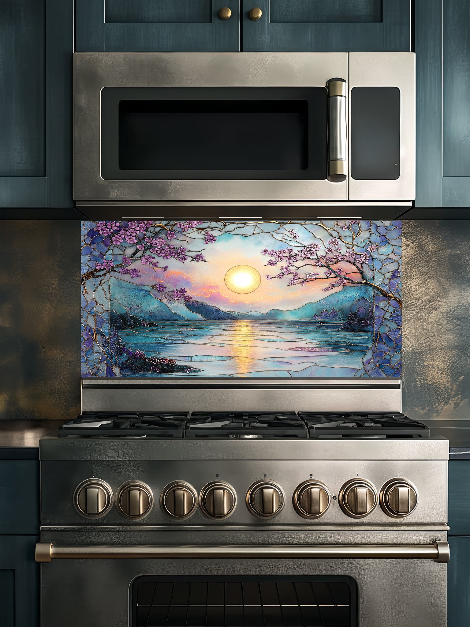 Stained glass style serene sunset over a lake with pink cherry blossoms and mountains, UV printed on a smooth tempered glass kitchen backsplash, installed behind a modern stove.