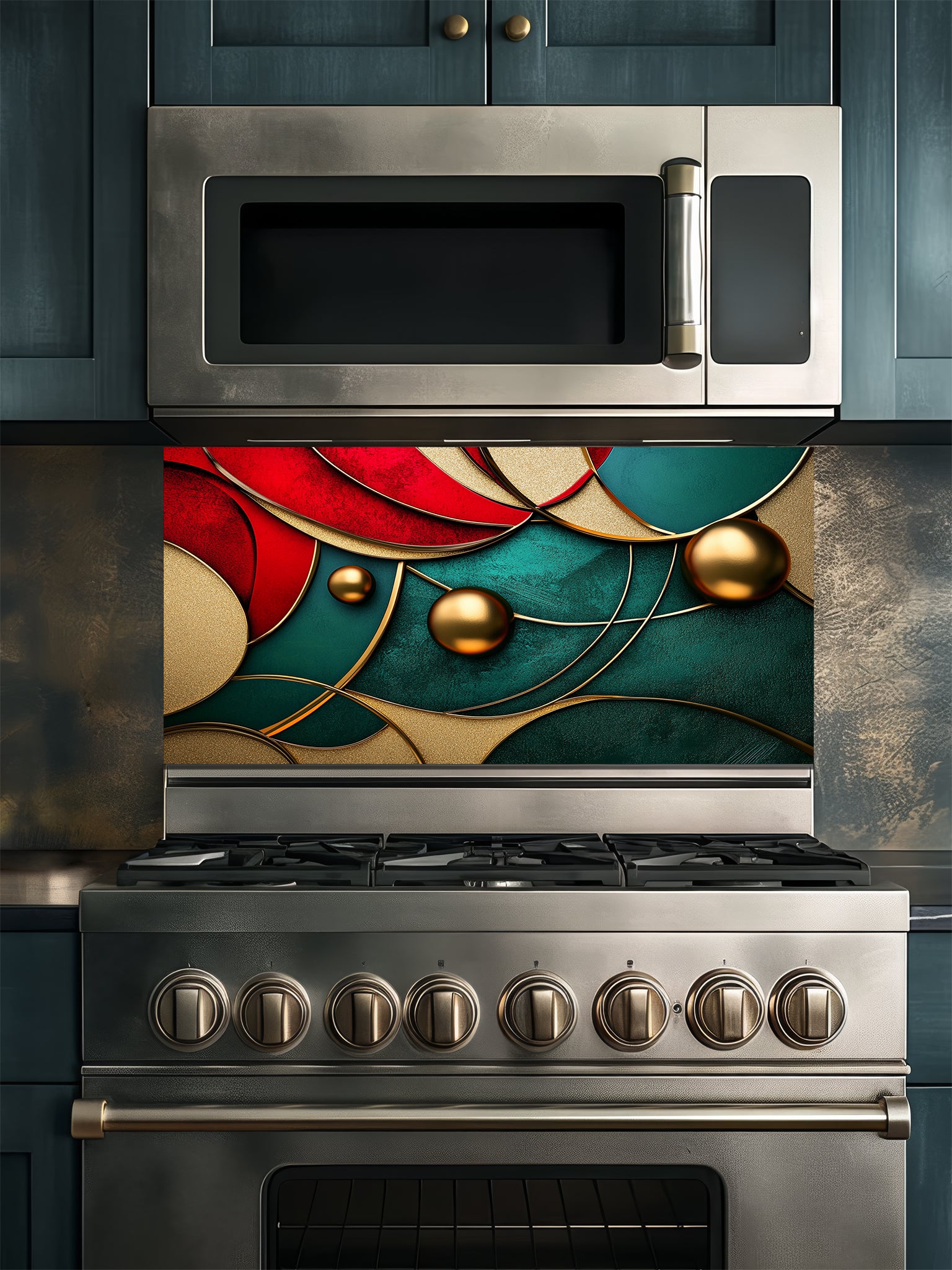 Tempered glass kitchen backsplash featuring a highly realistic 3D illusion of abstract overlapping geometric circles and waves in rich ruby red and emerald green with striking gold outlines and floating 3D metallic gold spheres, installed behind a modern stainless steel stove.