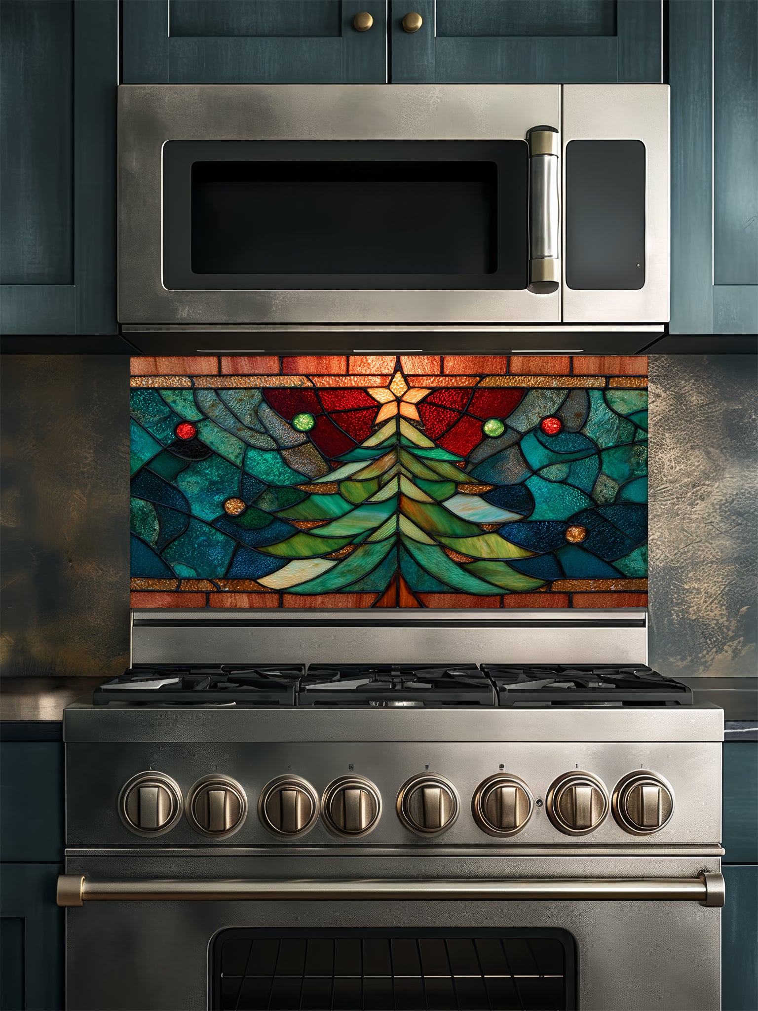 Tempered glass kitchen backsplash featuring a highly realistic 3D illusion of stained glass art showing a festive evergreen Christmas tree decorated with red ornaments and a glowing gold star against a warm amber and blue background, installed behind a modern black stove.