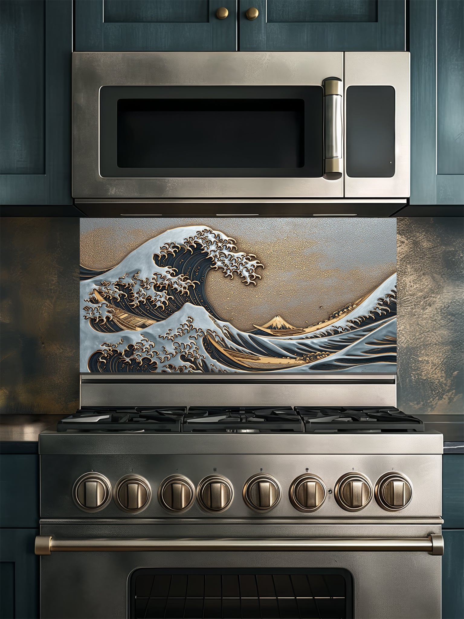 Faux 3D sculpted mixed metal relief of the Great Wave featuring silver crests, deep navy blue water, and a textured gold sky, UV printed on a smooth tempered glass kitchen backsplash.