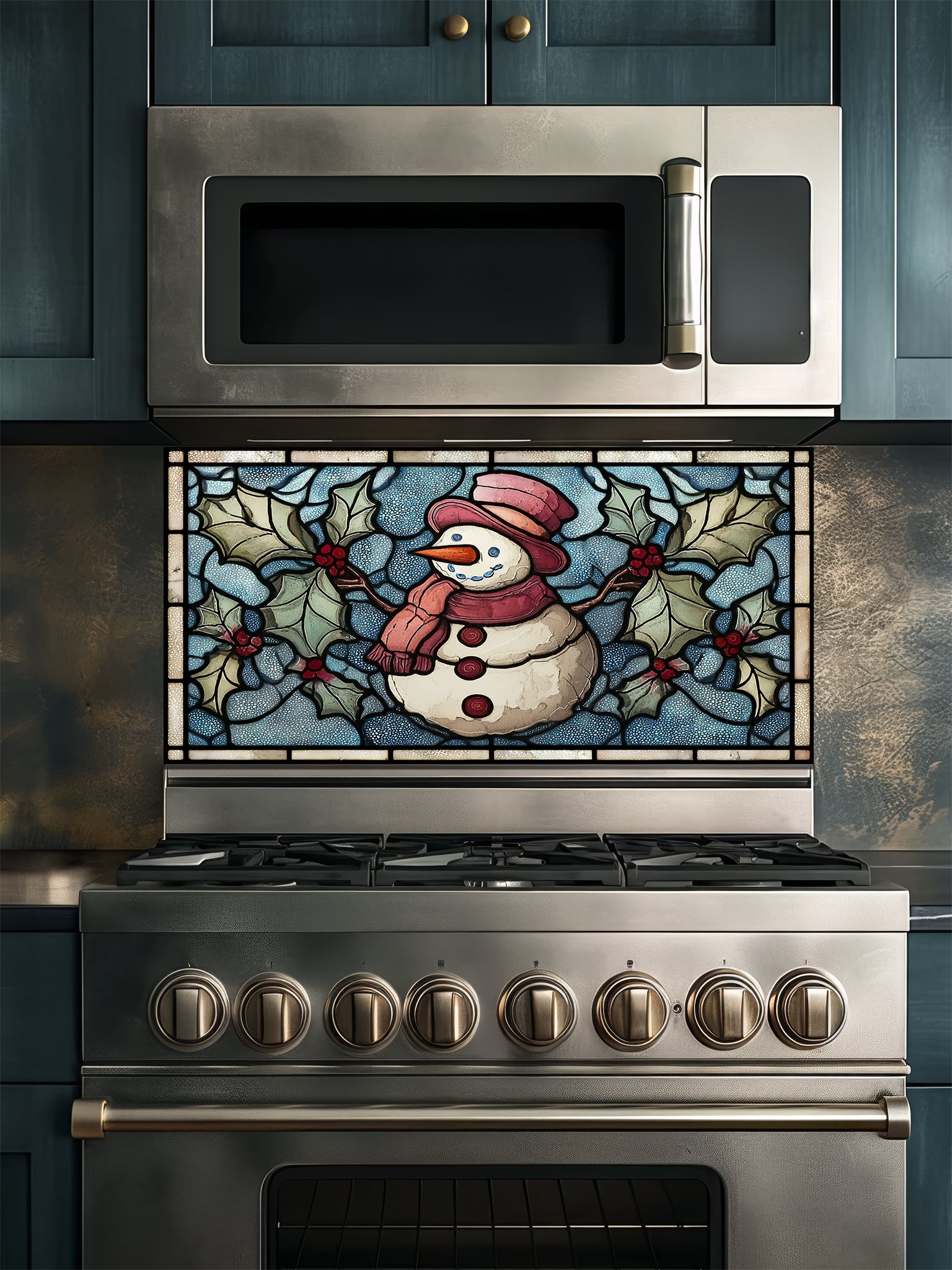 Tempered glass kitchen backsplash featuring a highly realistic 3D illusion of stained glass art showing a cheerful snowman with a red hat and scarf surrounded by green winter holly and red berries against a frosted icy blue background, installed behind a modern black stove.