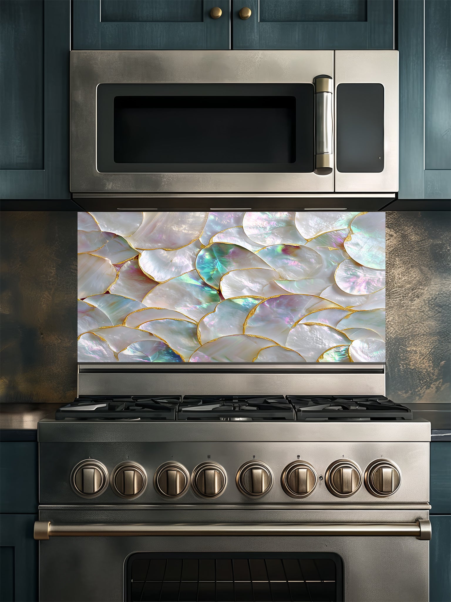 Tempered glass kitchen backsplash featuring a highly realistic 3D illusion of a luxury mother of pearl shell mosaic with iridescent pearlescent hues and faux gold edges, installed behind a modern stainless steel stove.