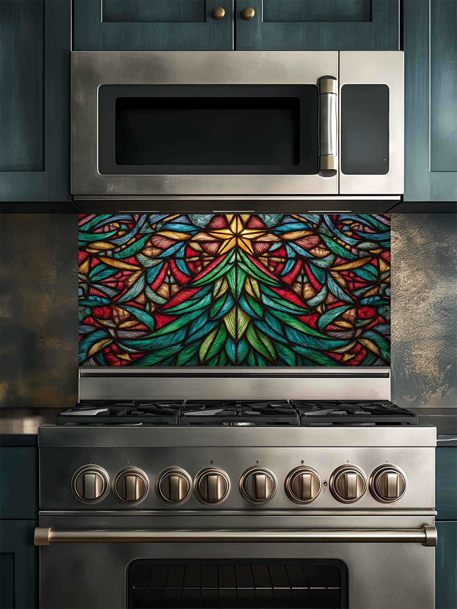 Tempered glass kitchen backsplash featuring a highly realistic 3D illusion of stained glass art showing a vibrant, symmetrical geometric Christmas tree with a glowing gold star at the top in rich jewel tones of emerald green, ruby red, and amber, installed behind a modern black stove.
