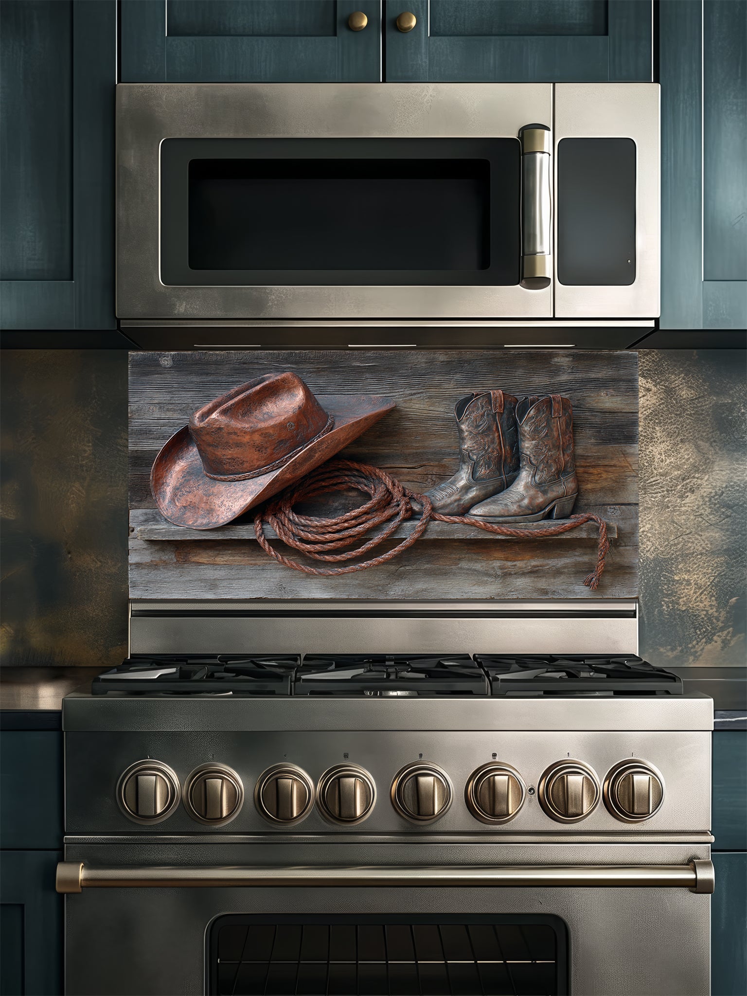 Tempered glass kitchen backsplash featuring a highly realistic 3D illusion of a rustic wooden shelf displaying a copper cowboy hat, worn leather boots, and a lasso rope against a weathered barn wood background, installed behind a modern black stove.