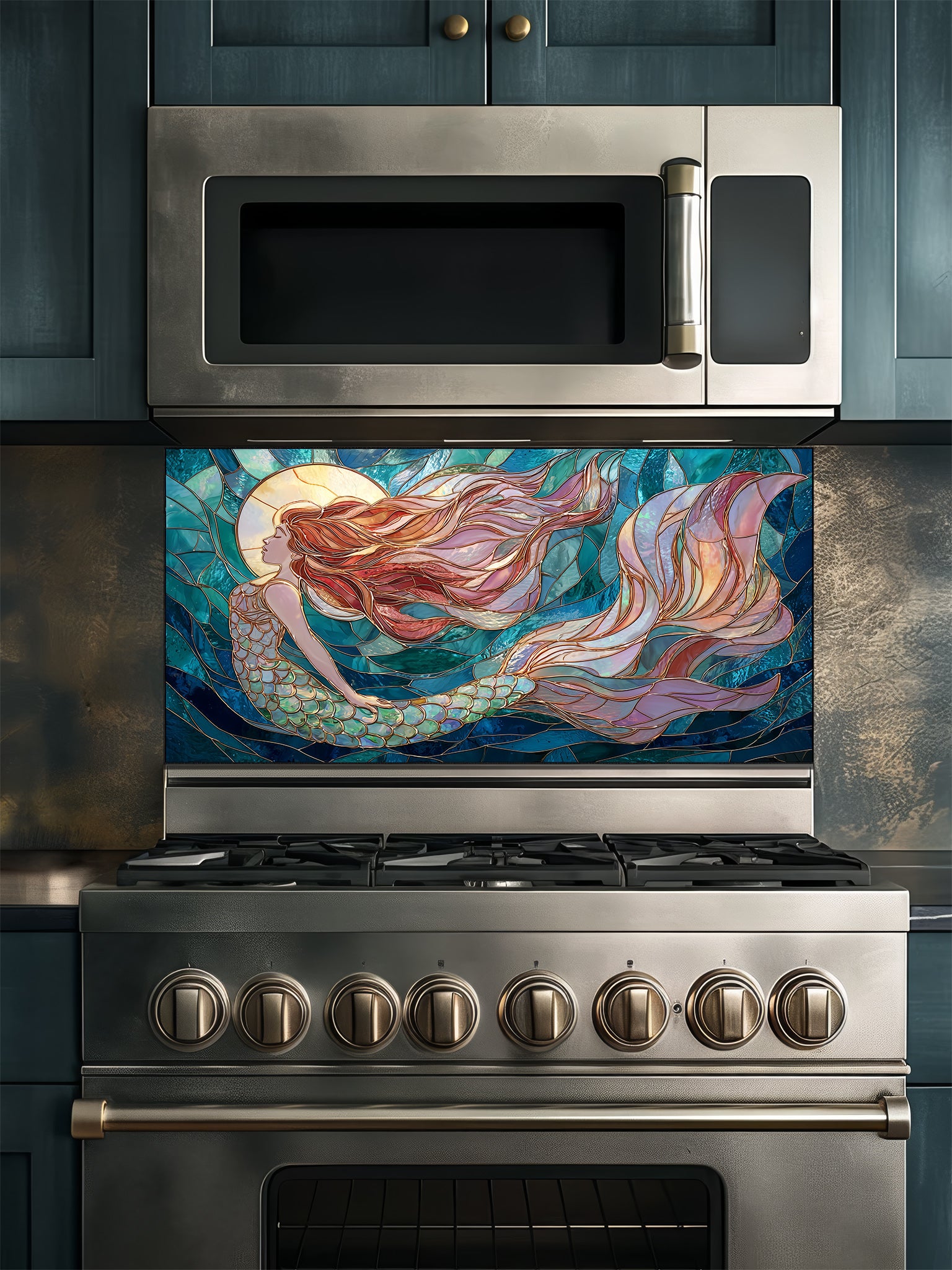 Tempered glass kitchen backsplash featuring a highly realistic 3D illusion of stained glass art showing an elegant mermaid with flowing hair swimming through dynamic ocean waves in deep blues and turquoise, installed behind a modern stainless steel stove.