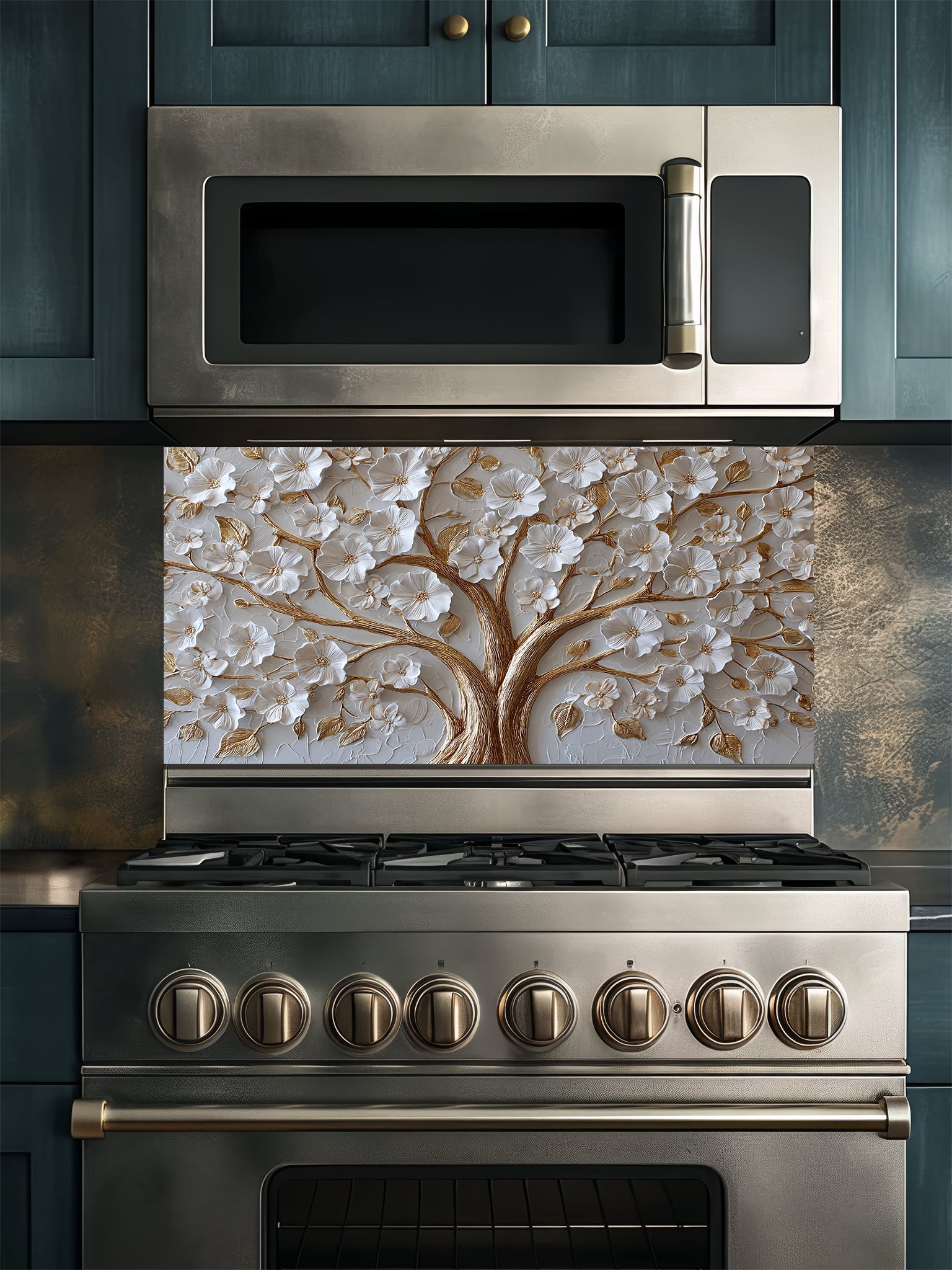 Faux 3D sculpted relief of a floral tree with pearl-white blossoms and heavy molten gold branches on a textured champagne background, UV printed on a smooth tempered glass kitchen backsplash.