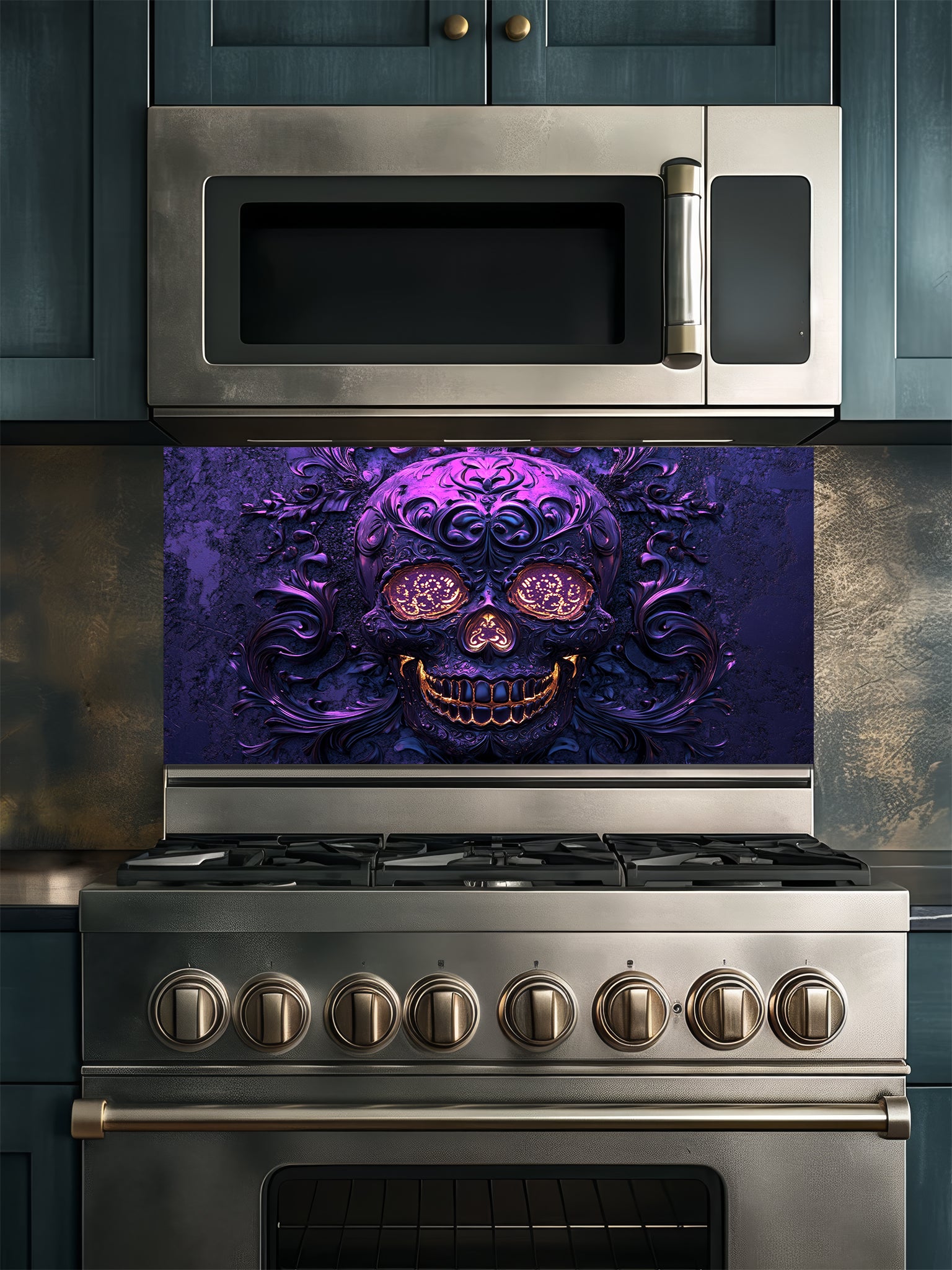 Tempered glass kitchen backsplash featuring a highly realistic 3D illusion of an embossed, intricately carved gothic skull with glowing gold eyes and teeth, surrounded by dark purple baroque filigree swirls, installed behind a modern black stove.