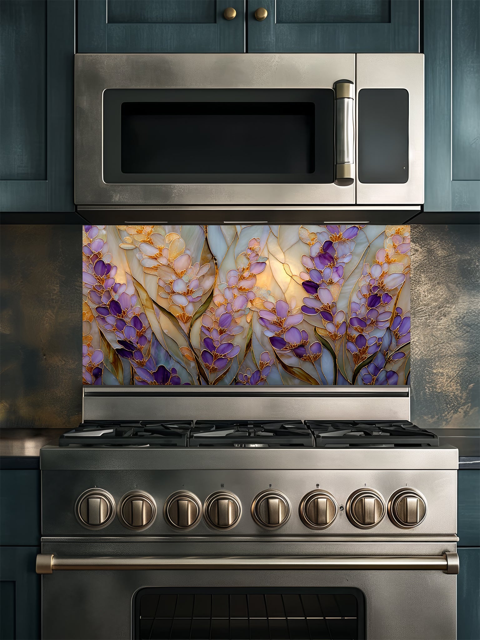 Tempered glass kitchen backsplash featuring a highly realistic 3D illusion of Art Nouveau stained glass art showing elegant, sweeping clusters of purple lavender and lilac blossoms with green leaves outlined in gold against a warm amber background, installed behind a modern black stove.